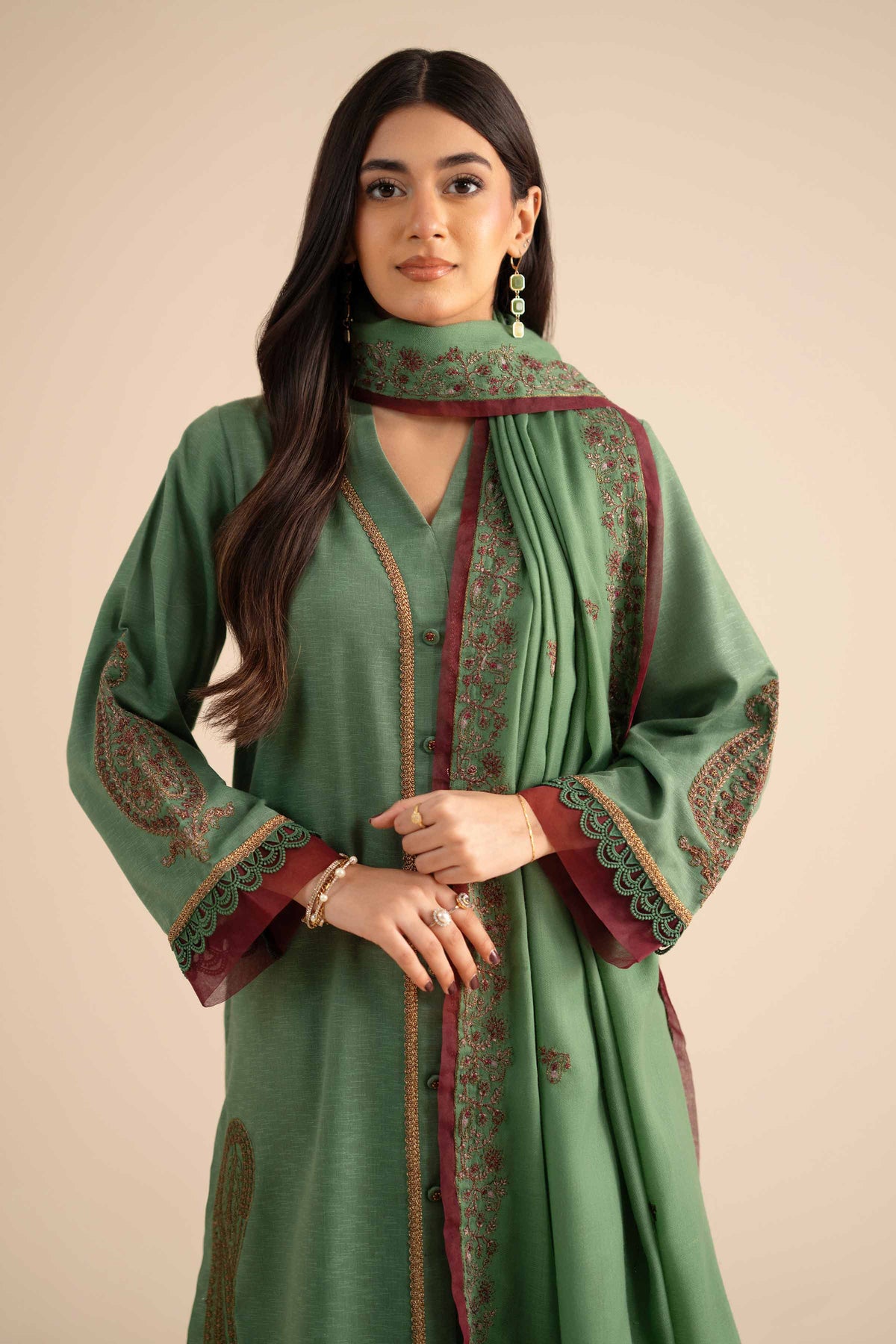Nishat UK - Green Embroidered Karandi 3 Pieces ready to wear Suit