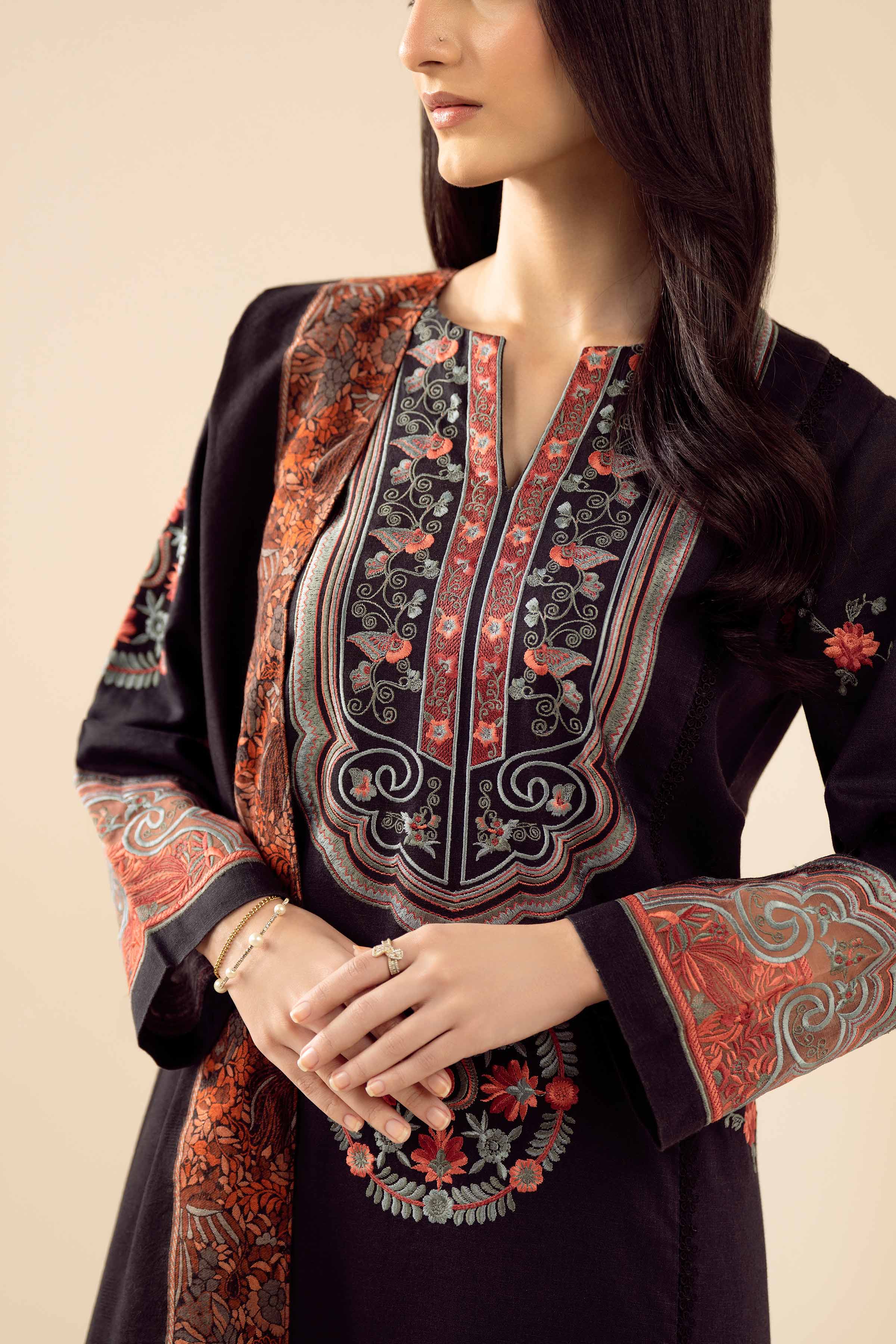 NishatUK - Black Embroidered Karandi 3-piece ready to wear suit