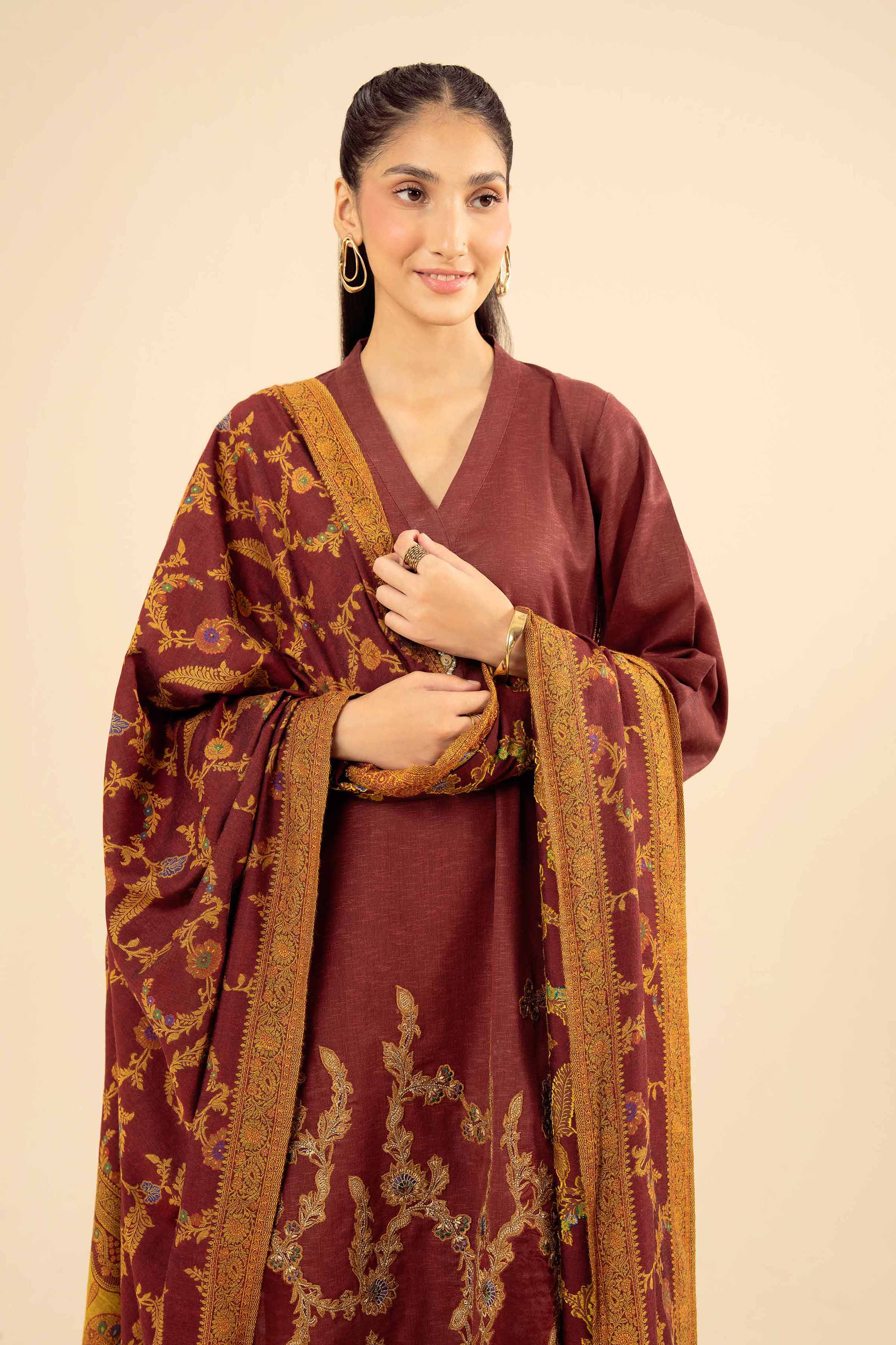 NishatUK - Maroon Embroidered Karandi 3-piece ready to wear Suit