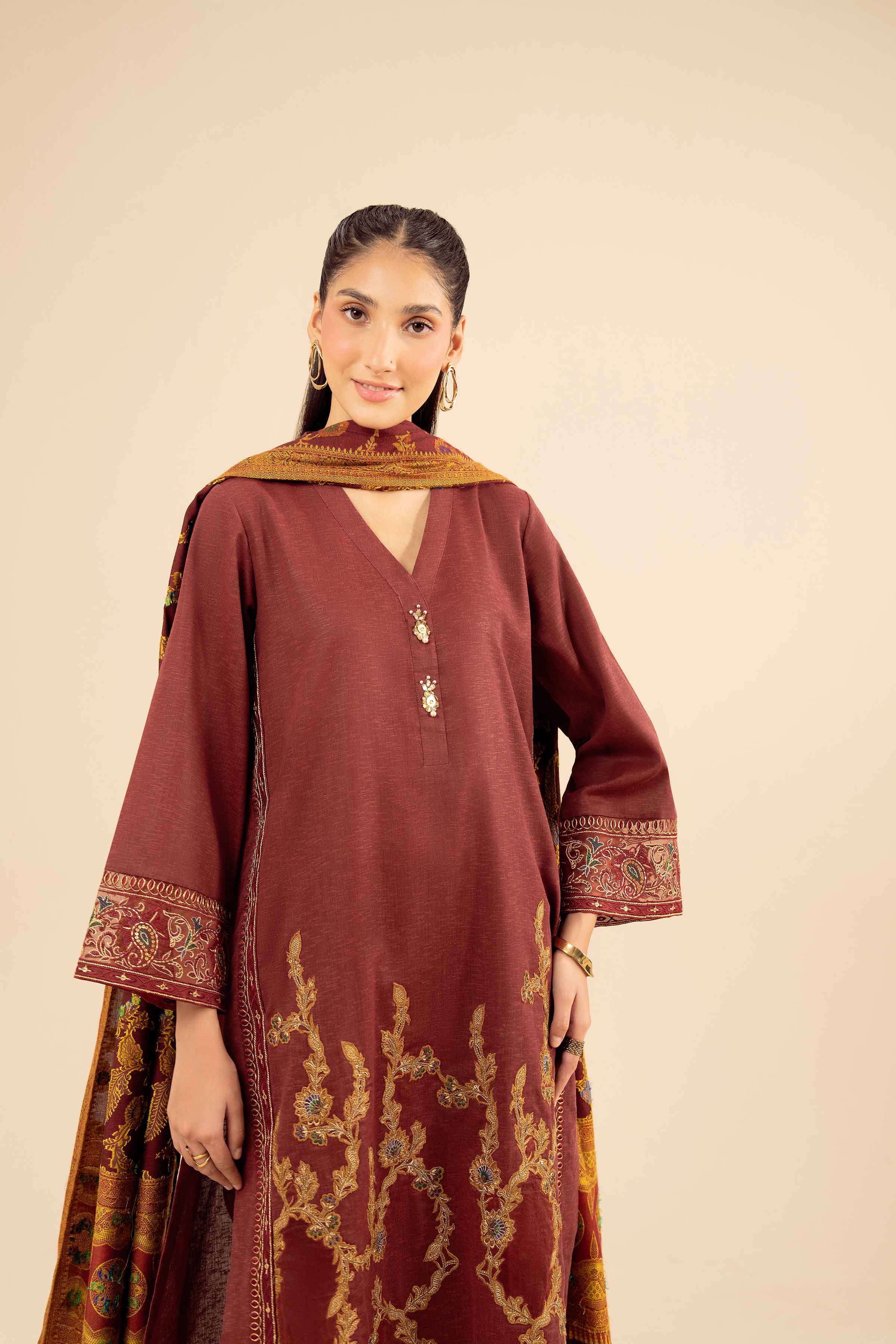 NishatUK - Maroon Embroidered Karandi 3-piece ready to wear Suit