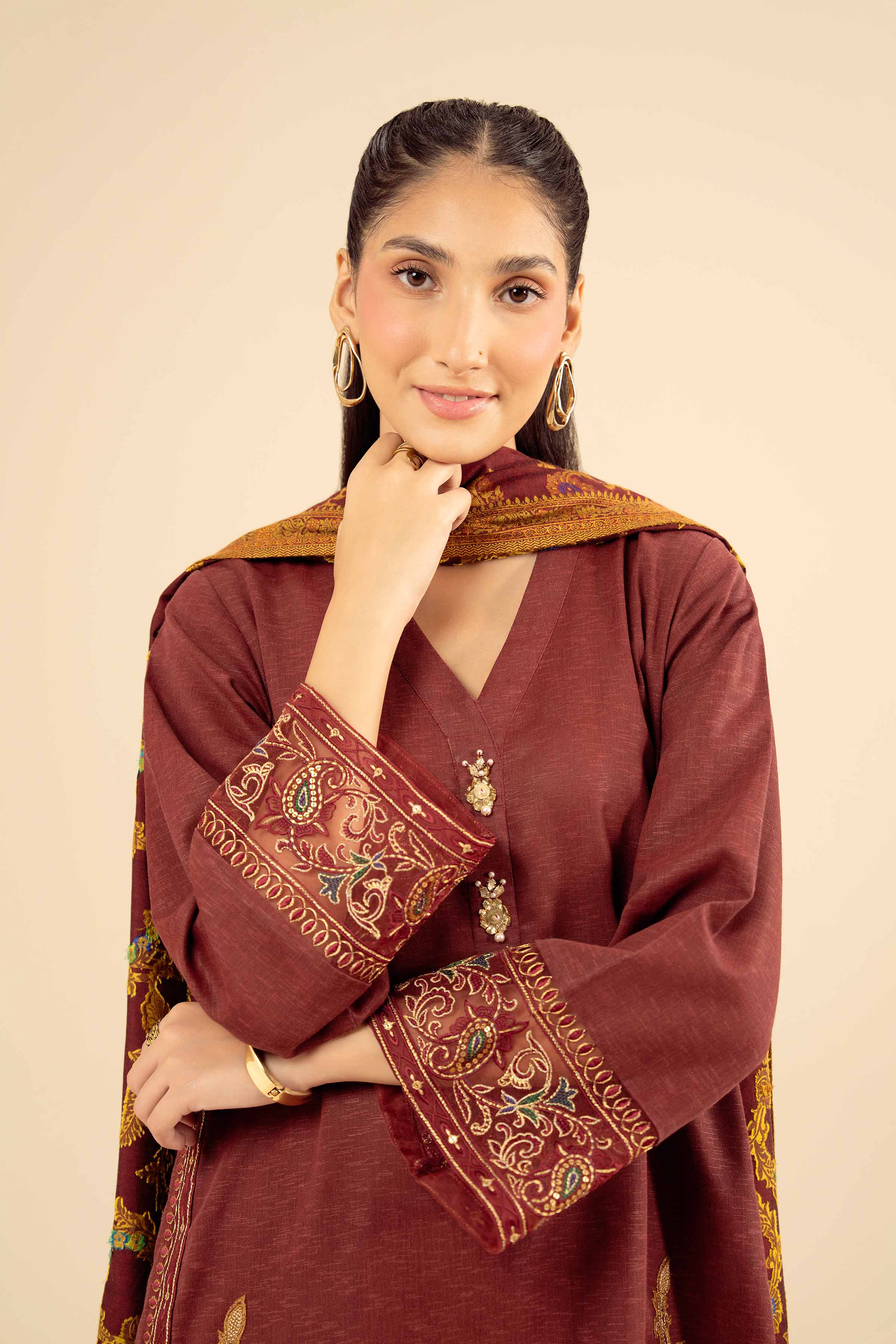NishatUK - Maroon Embroidered Karandi 3-piece ready to wear Suit