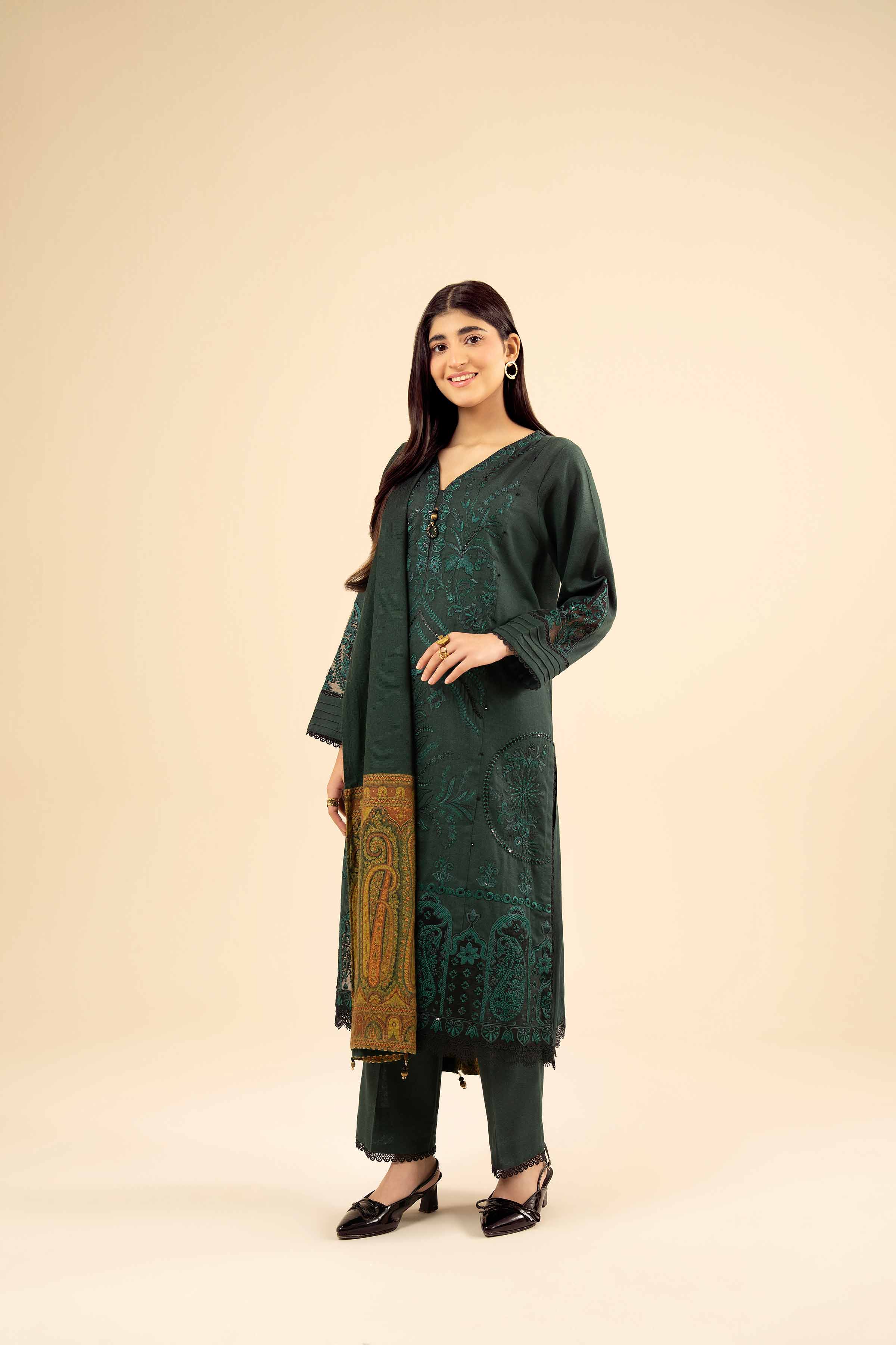 NishatUK - Green Embroidered Karandi 3-piece ready to wear Suit