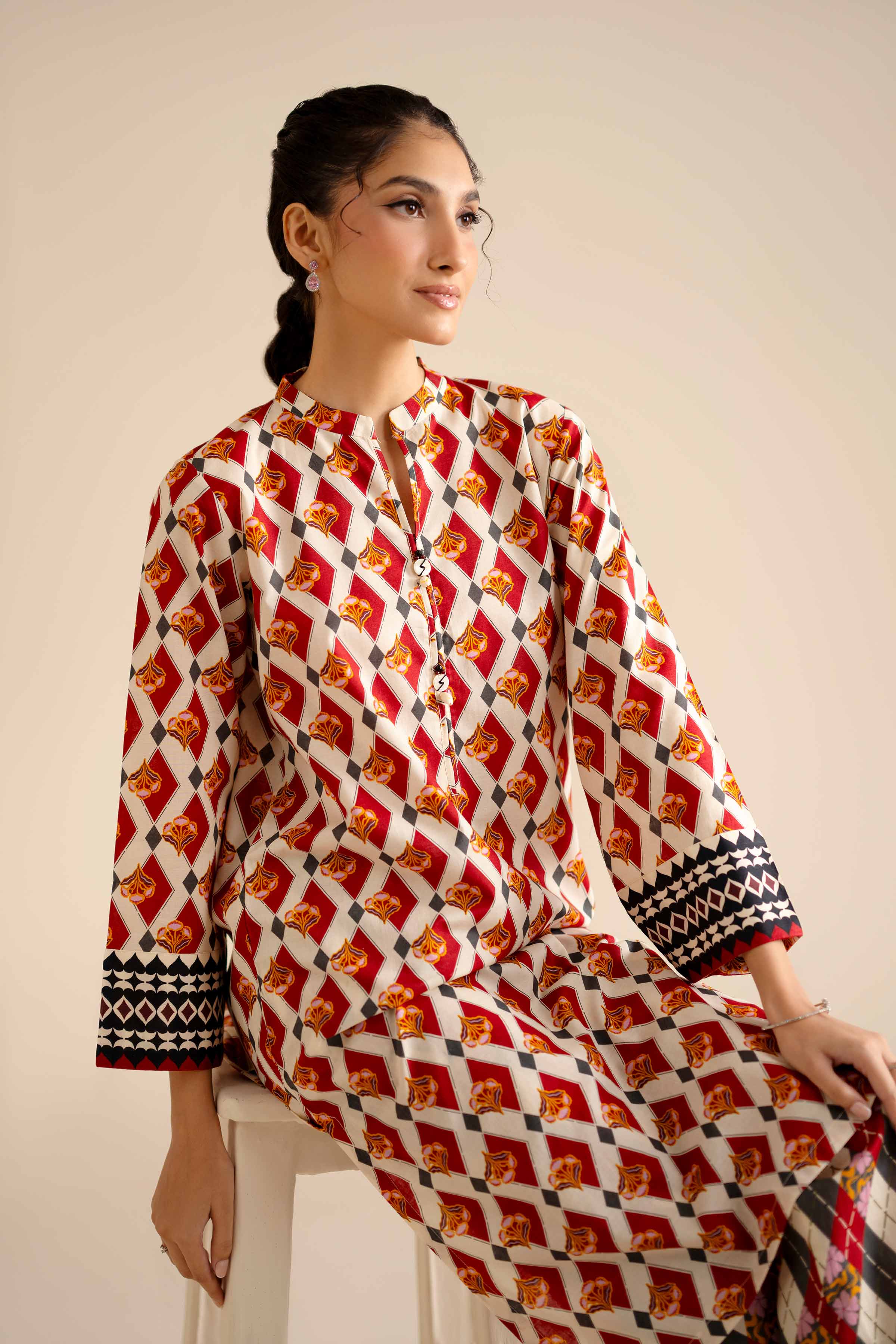 NishatUK - Red Printed Cambric 2-piece ready to wear Dress