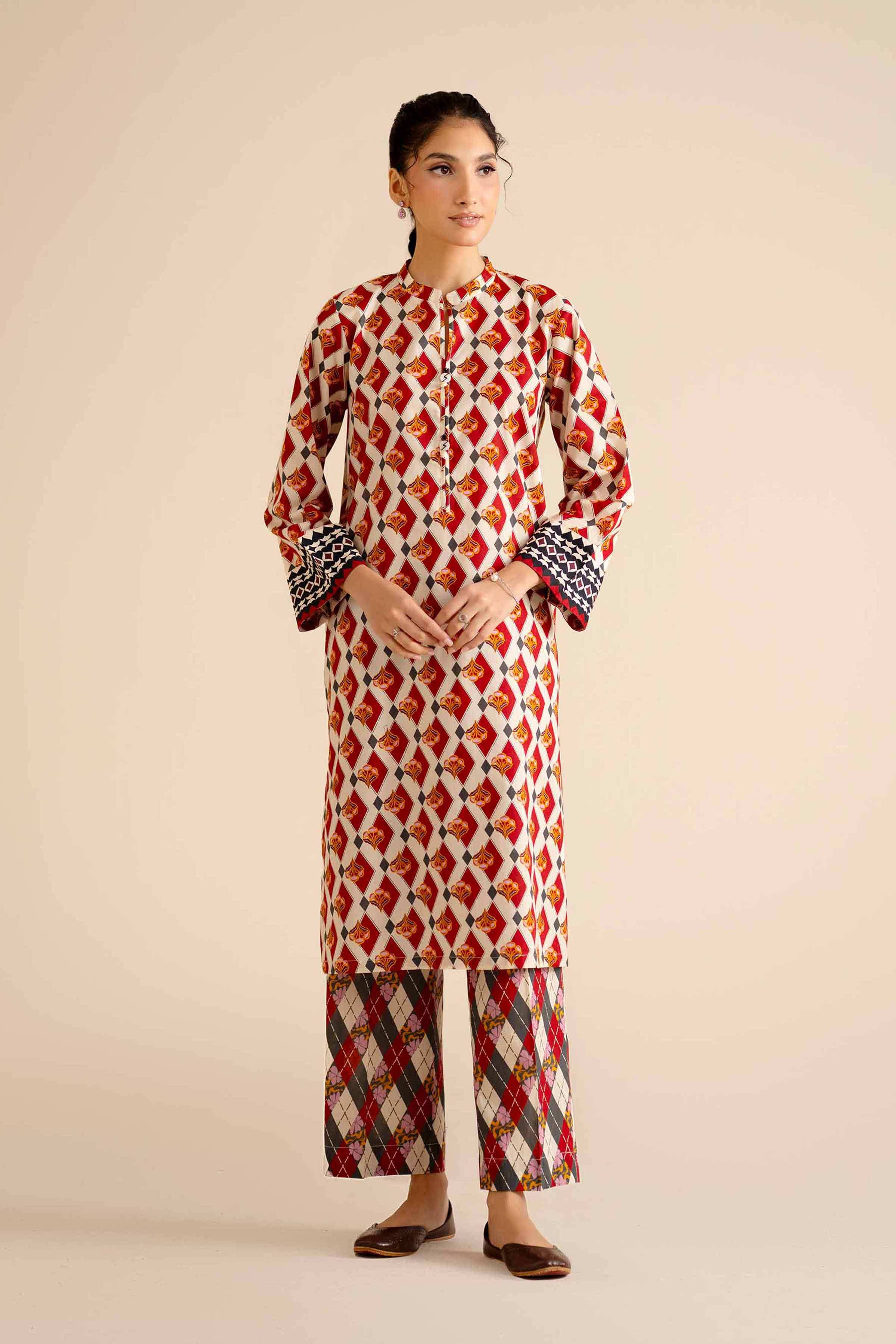 NishatUK - Red Printed Cambric 2-piece ready to wear Dress