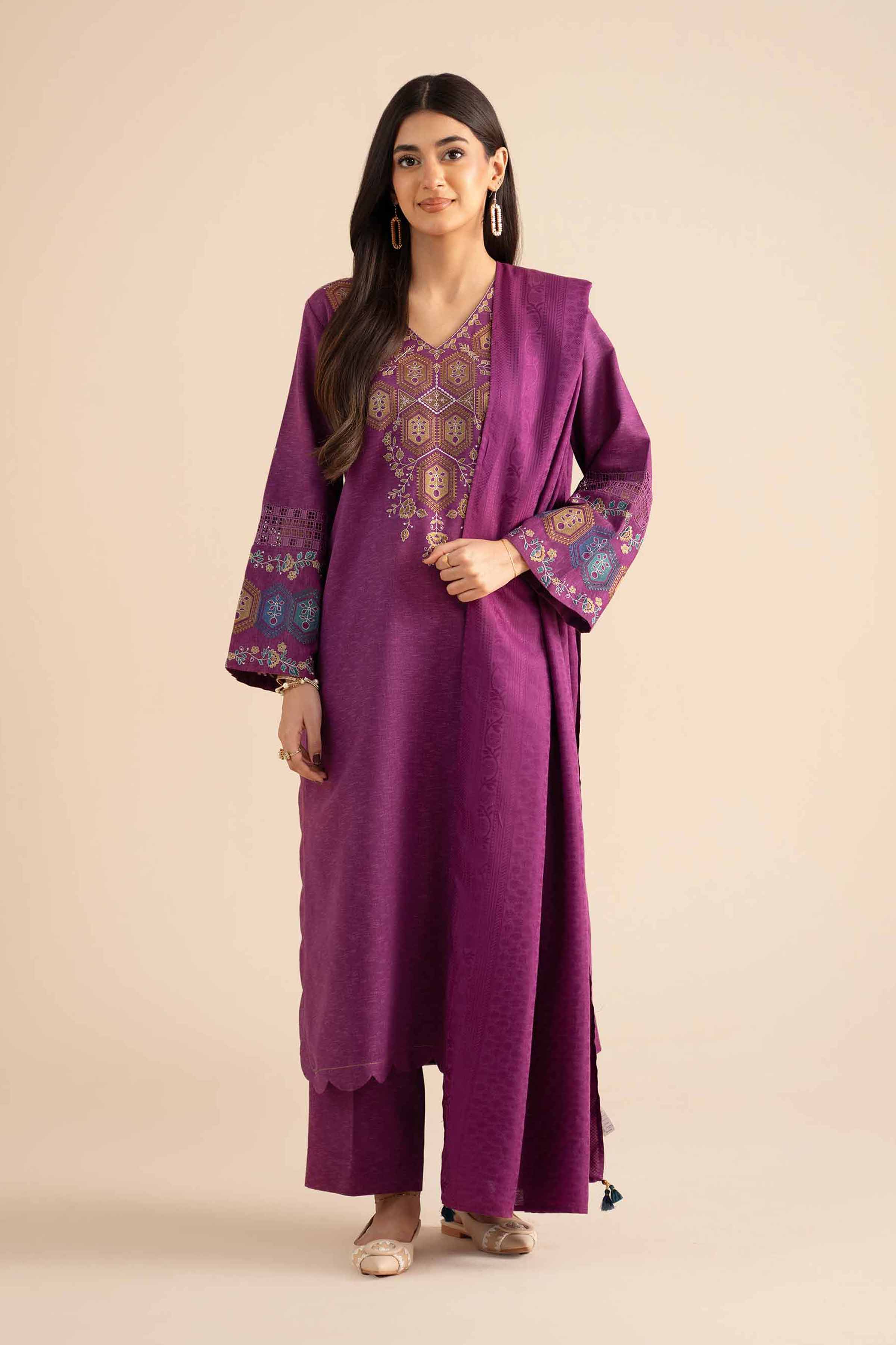 NishatUK - Plum Embroidered Karandi 3-piece ready to wear Suit