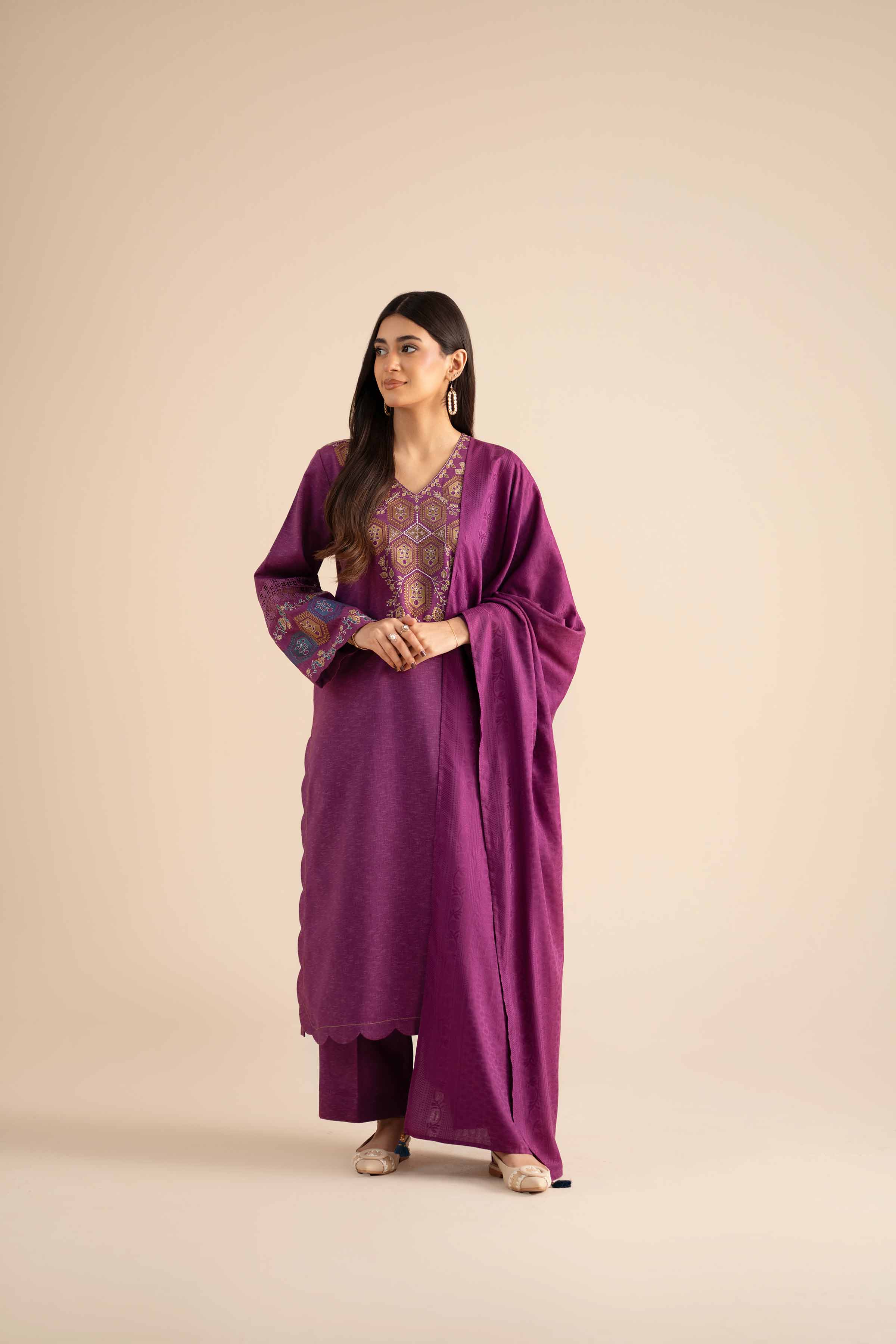NishatUK - Plum Embroidered Karandi 3-piece ready to wear Suit