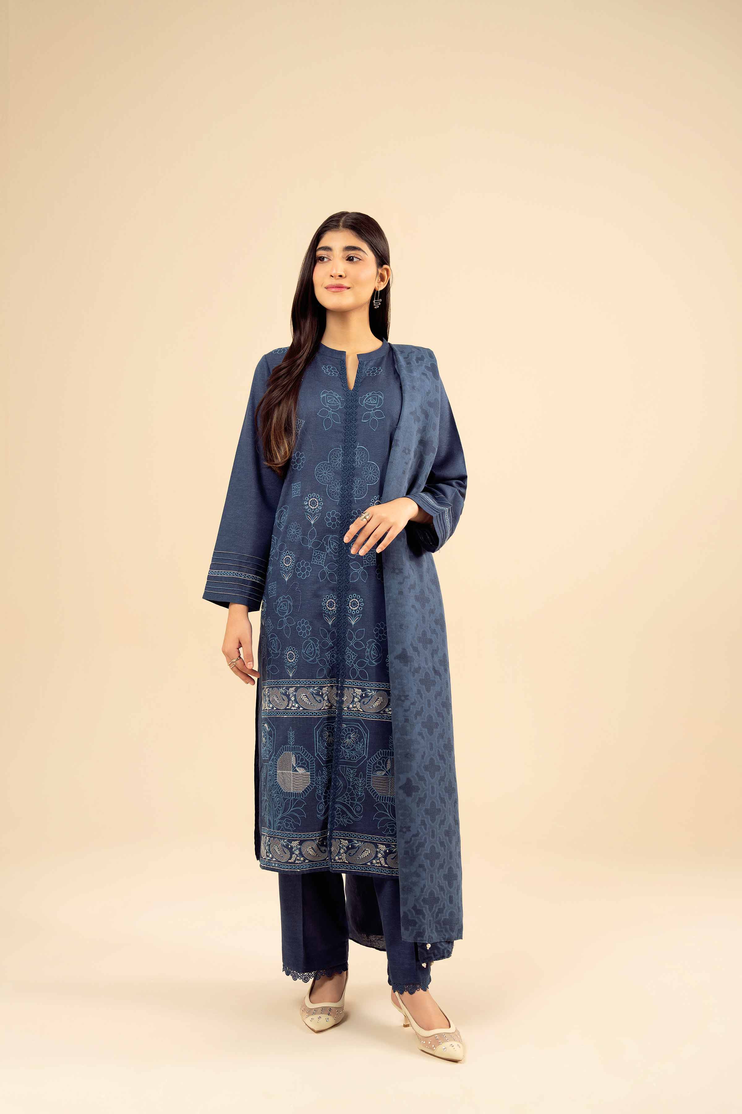 NishatUK - Blue Embroidered Karandi 3-piece ready to wear Suit