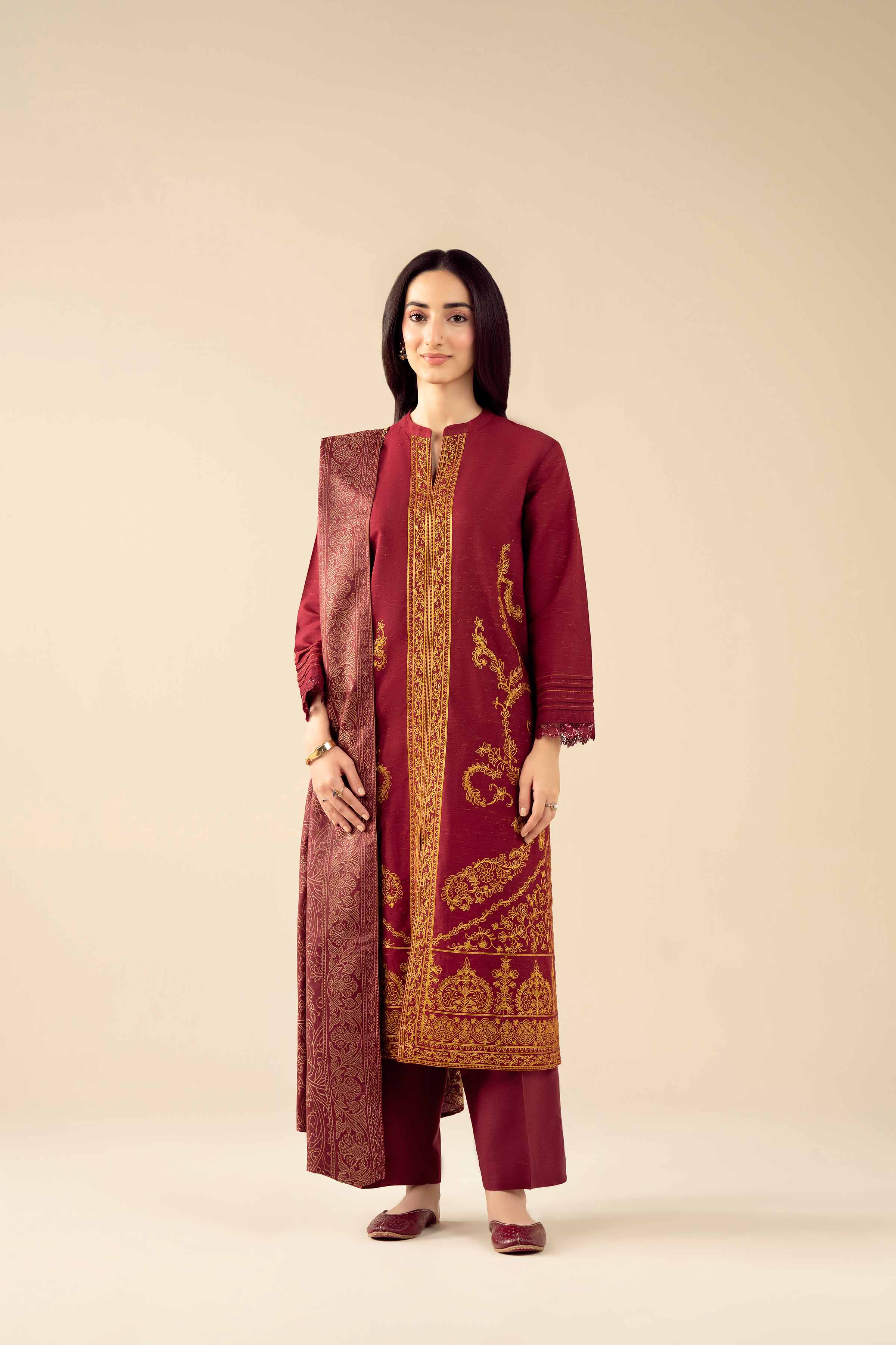 Nishat UK - Red Embroidered Slub 3 Pieces ready to wear Suit