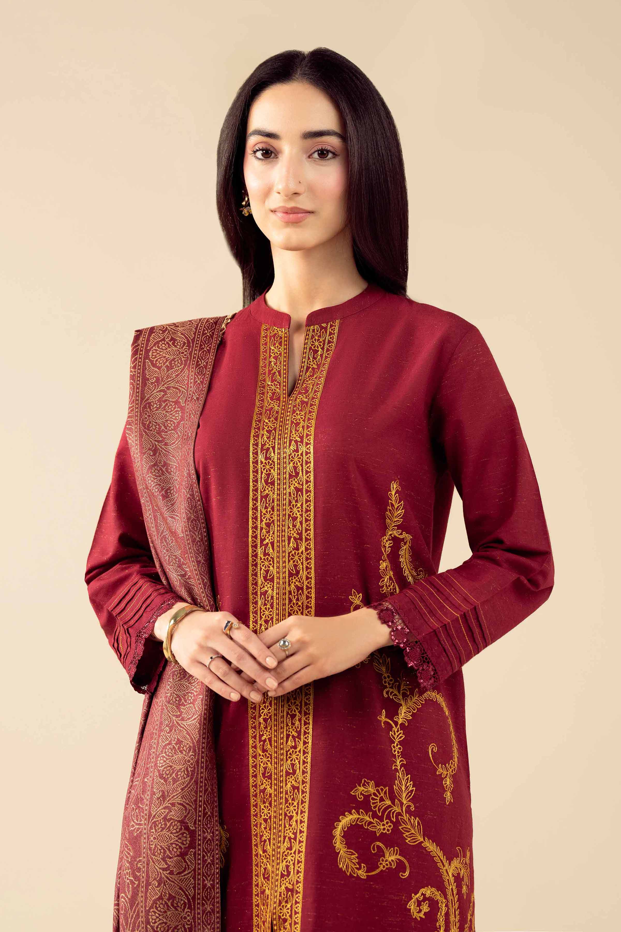 Nishat UK - Red Embroidered Slub 3 Pieces ready to wear Suit