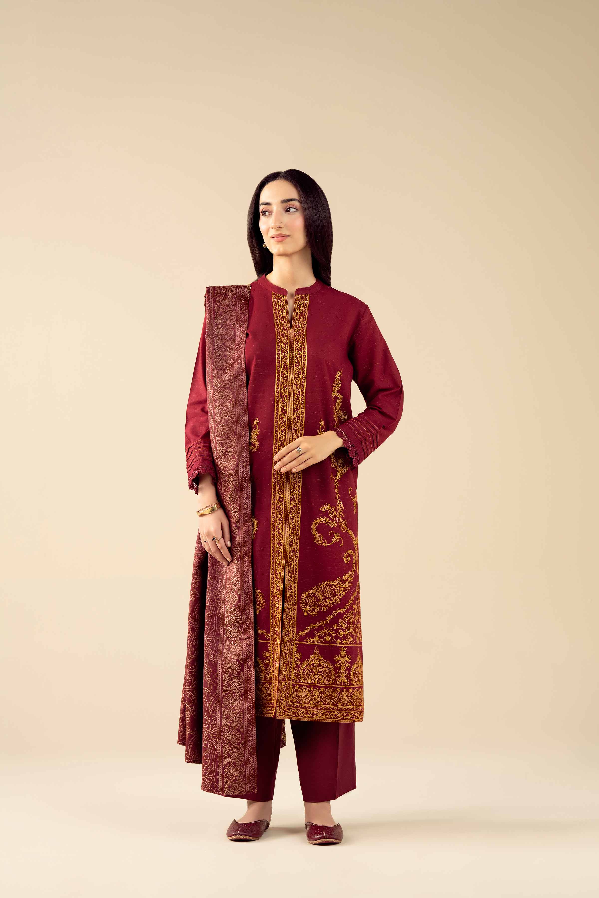 Nishat UK - Red Embroidered Slub 3 Pieces ready to wear Suit