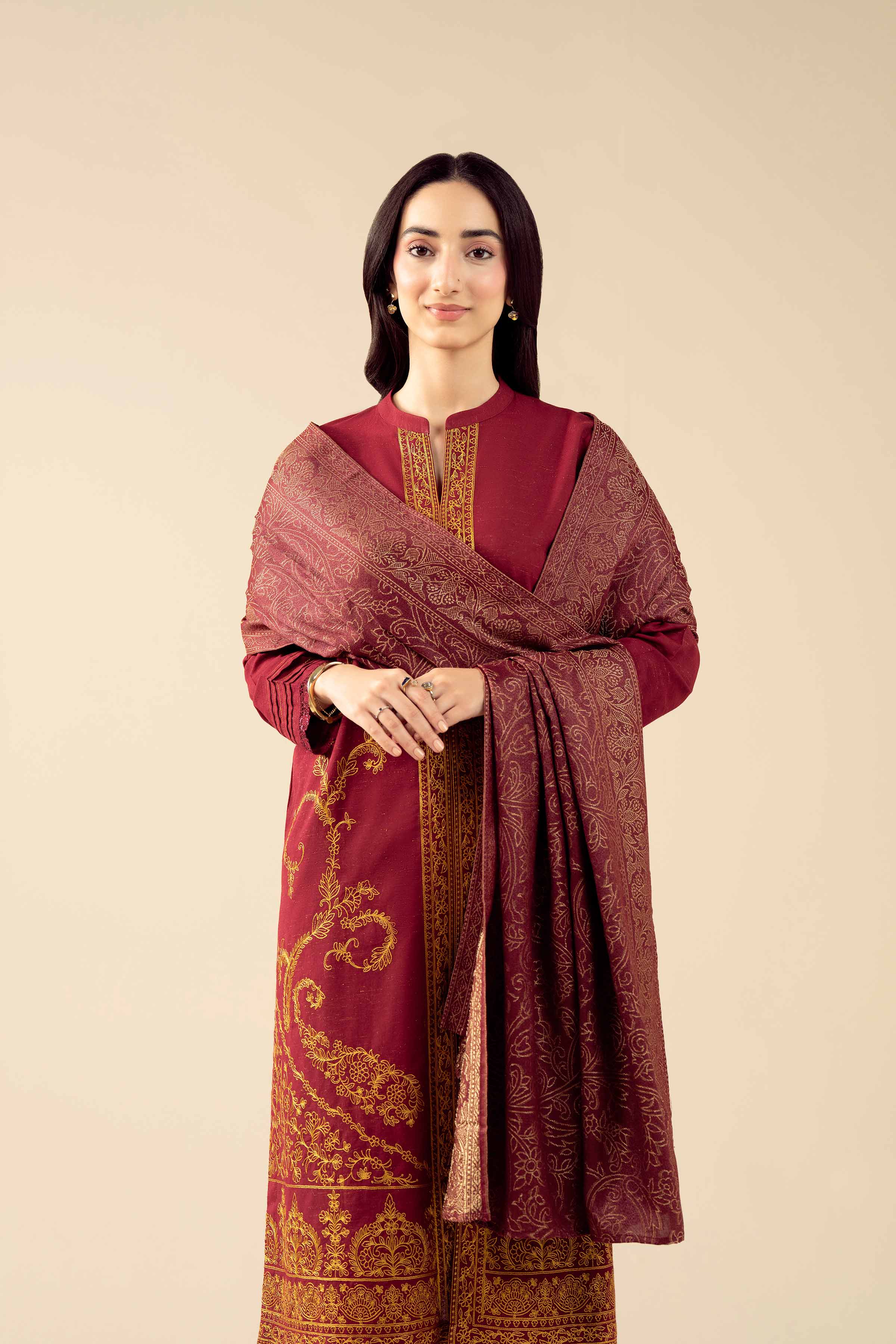 Nishat UK - Red Embroidered Slub 3 Pieces ready to wear Suit