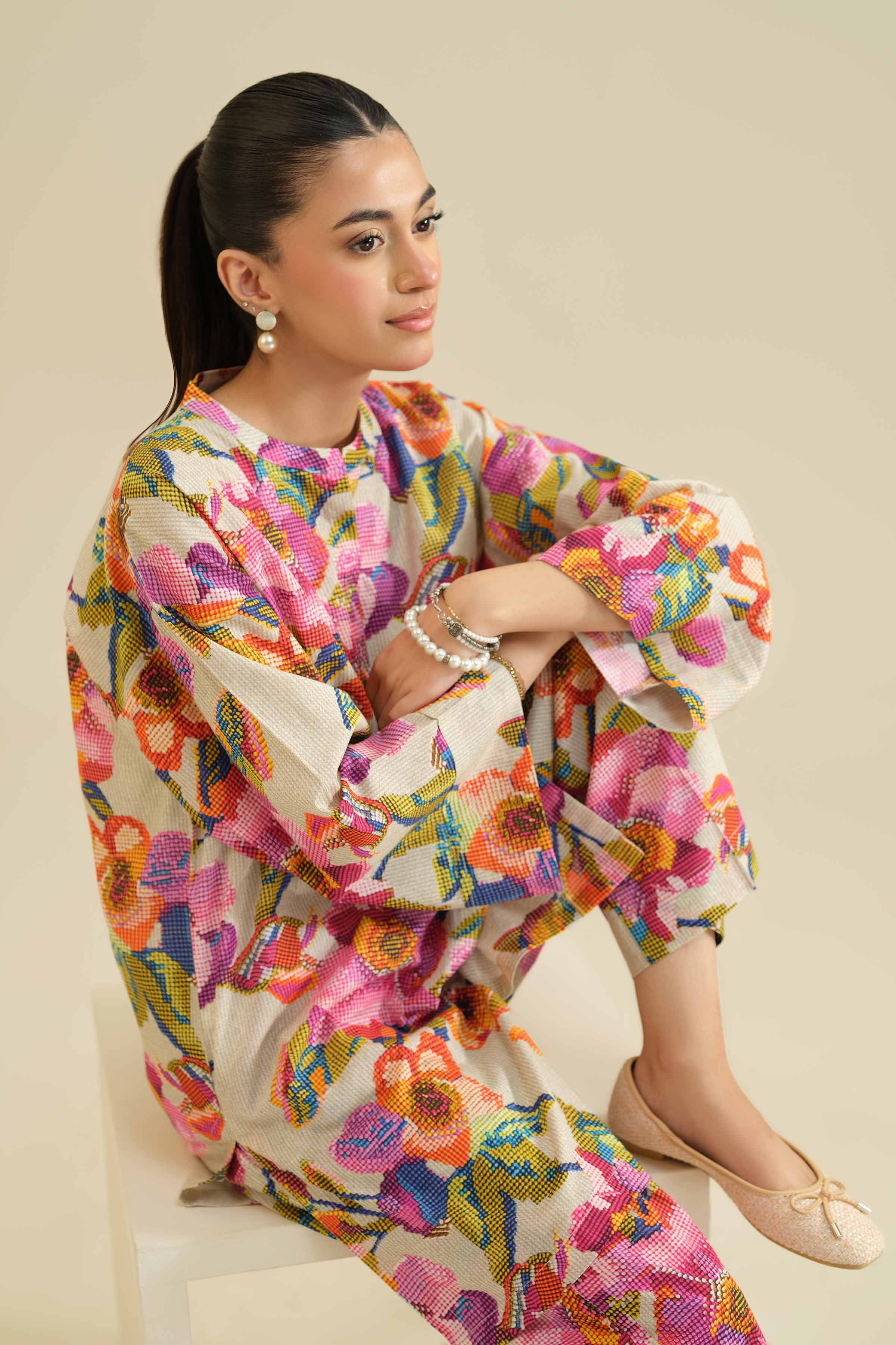 NishatUK - Beige Printed Cambric 2-piece ready to wear Dress