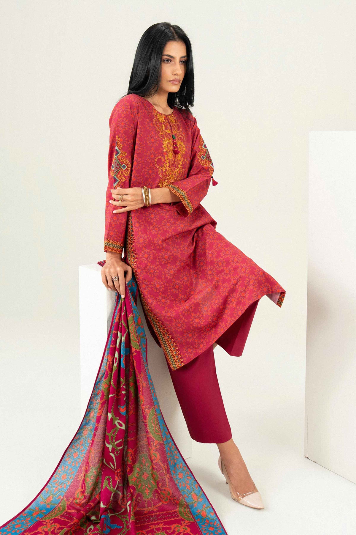 Nishat UK - Pink Embroidered Karandi 3 Pieces ready to wear Suit