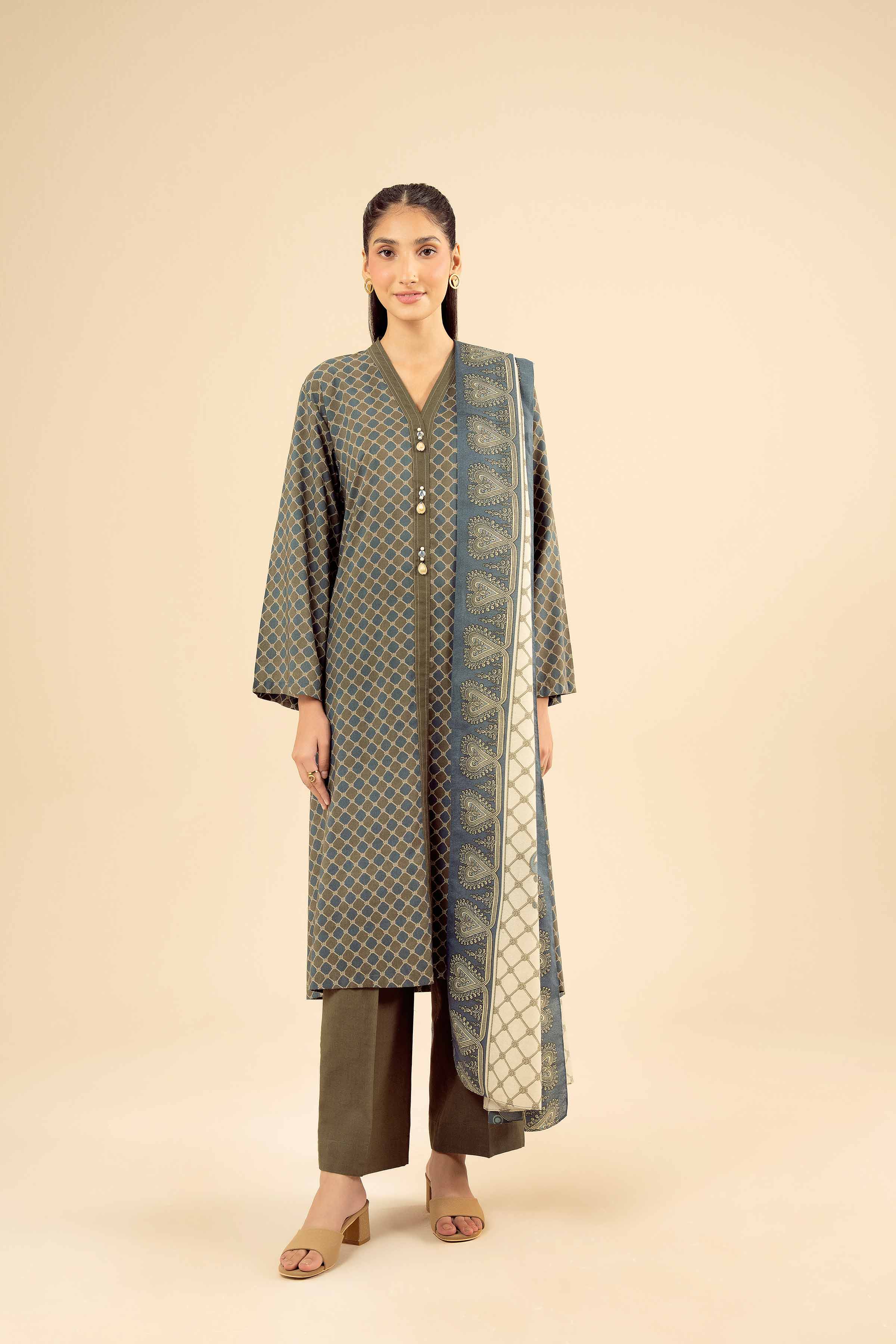 NishatUK - Olive Green Solids Tropical 3-piece ready to wear Suit