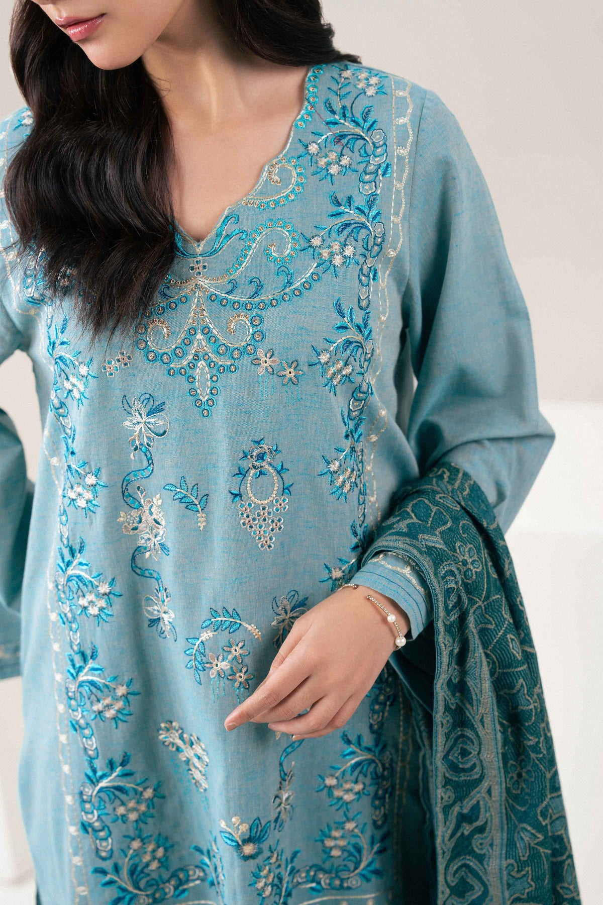 Nishat UK - Blue Embroidered Linen 3 Pieces ready to wear Suit
