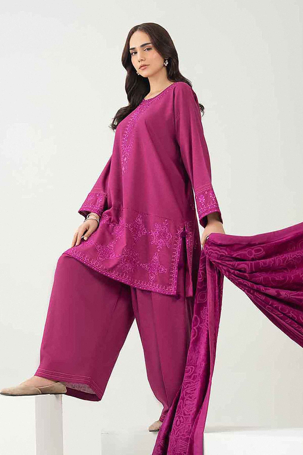 Nishat UK - Purple Embroidered Karandi 3 Pieces ready to wear Suit
