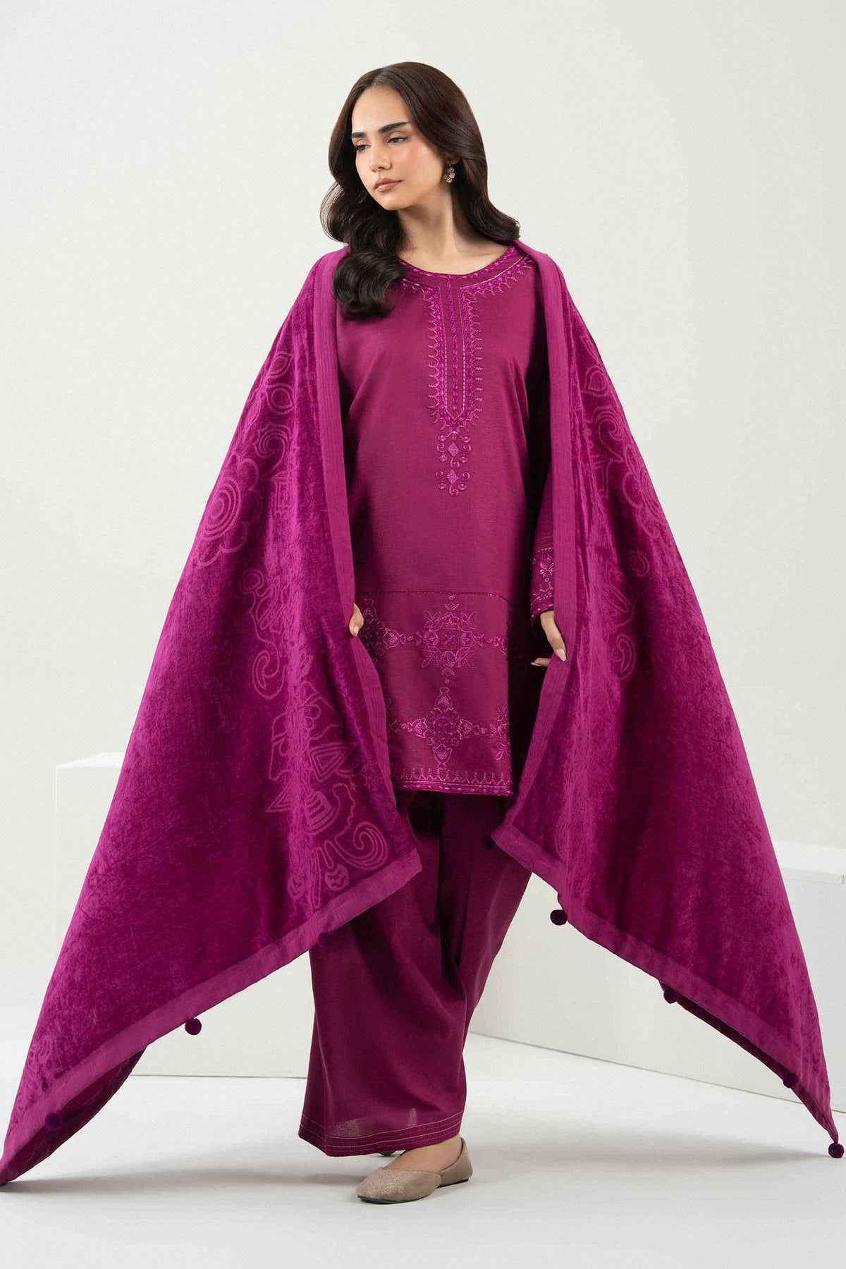 Nishat UK - Purple Embroidered Karandi 3 Pieces ready to wear Suit