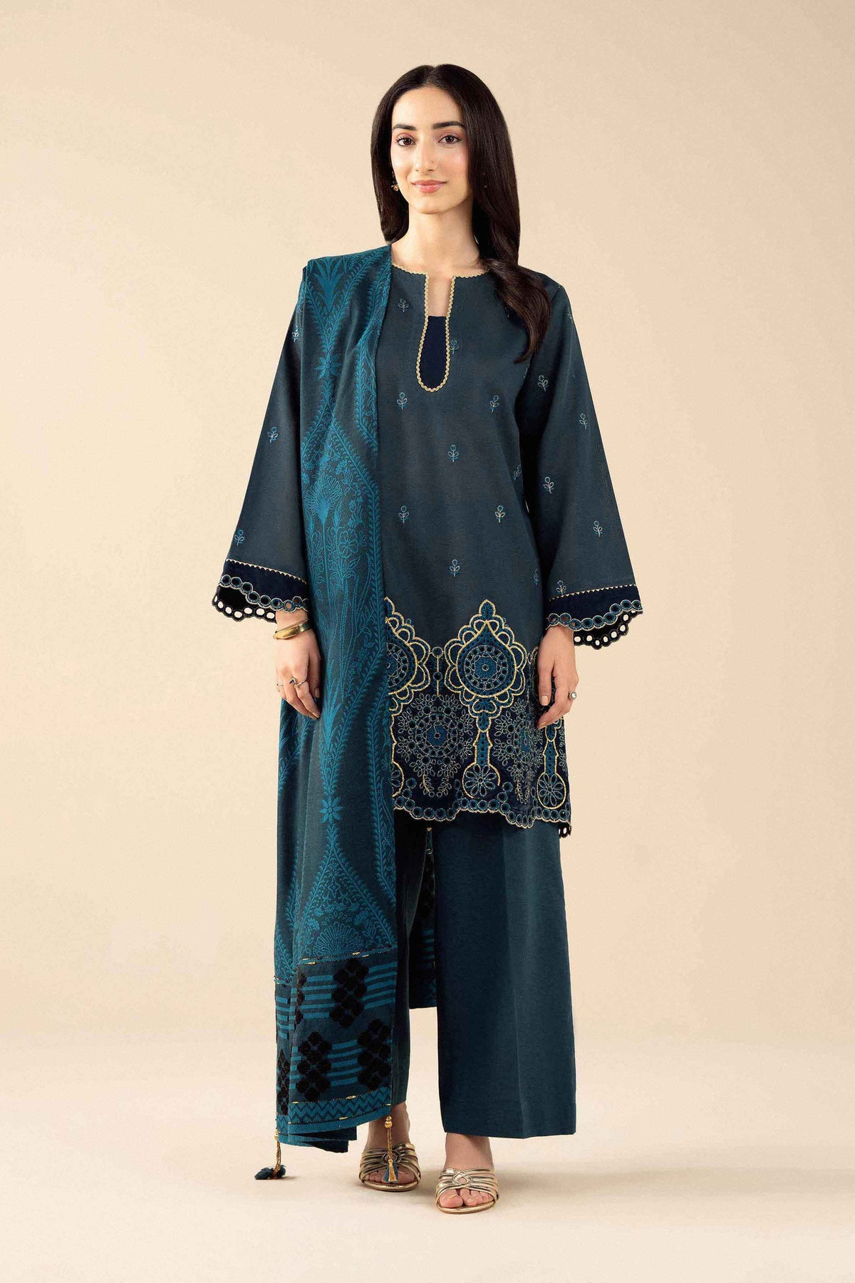 Nishat UK - Blue Embroidered Karandi 3 Pieces ready to wear Suit
