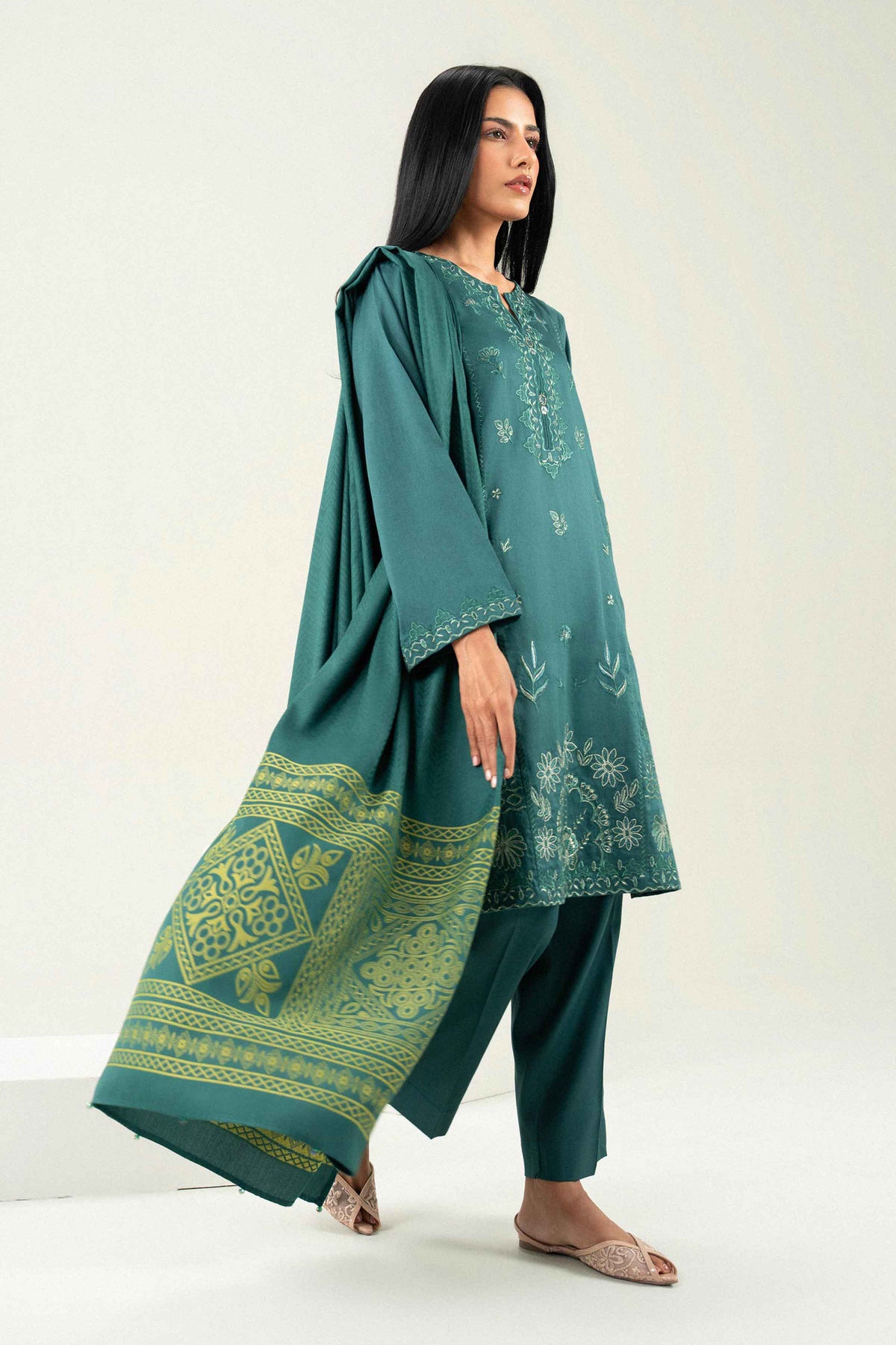 Nishat UK - Green Embroidered Viscose 3 Pieces ready to wear Suit