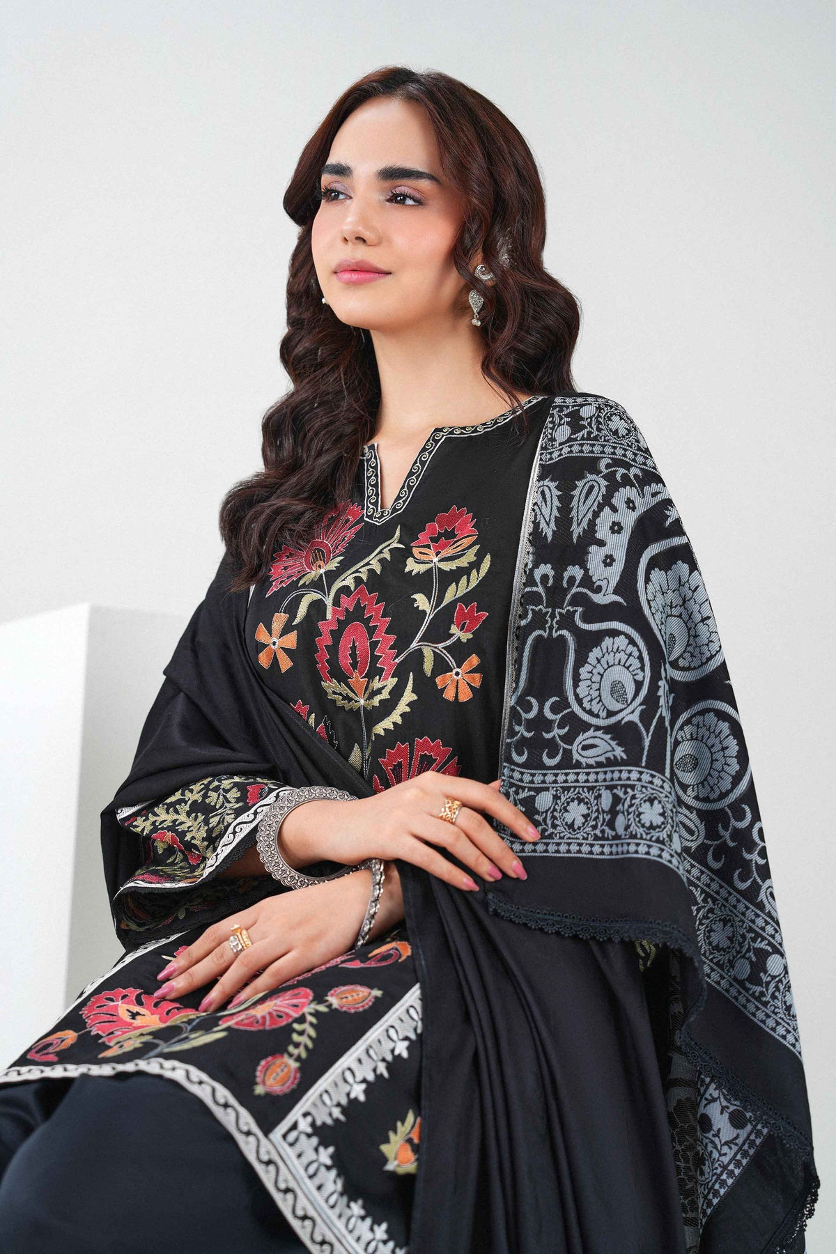 Nishat UK - Black Embroidered Viscose 3 Pieces ready to wear Suit