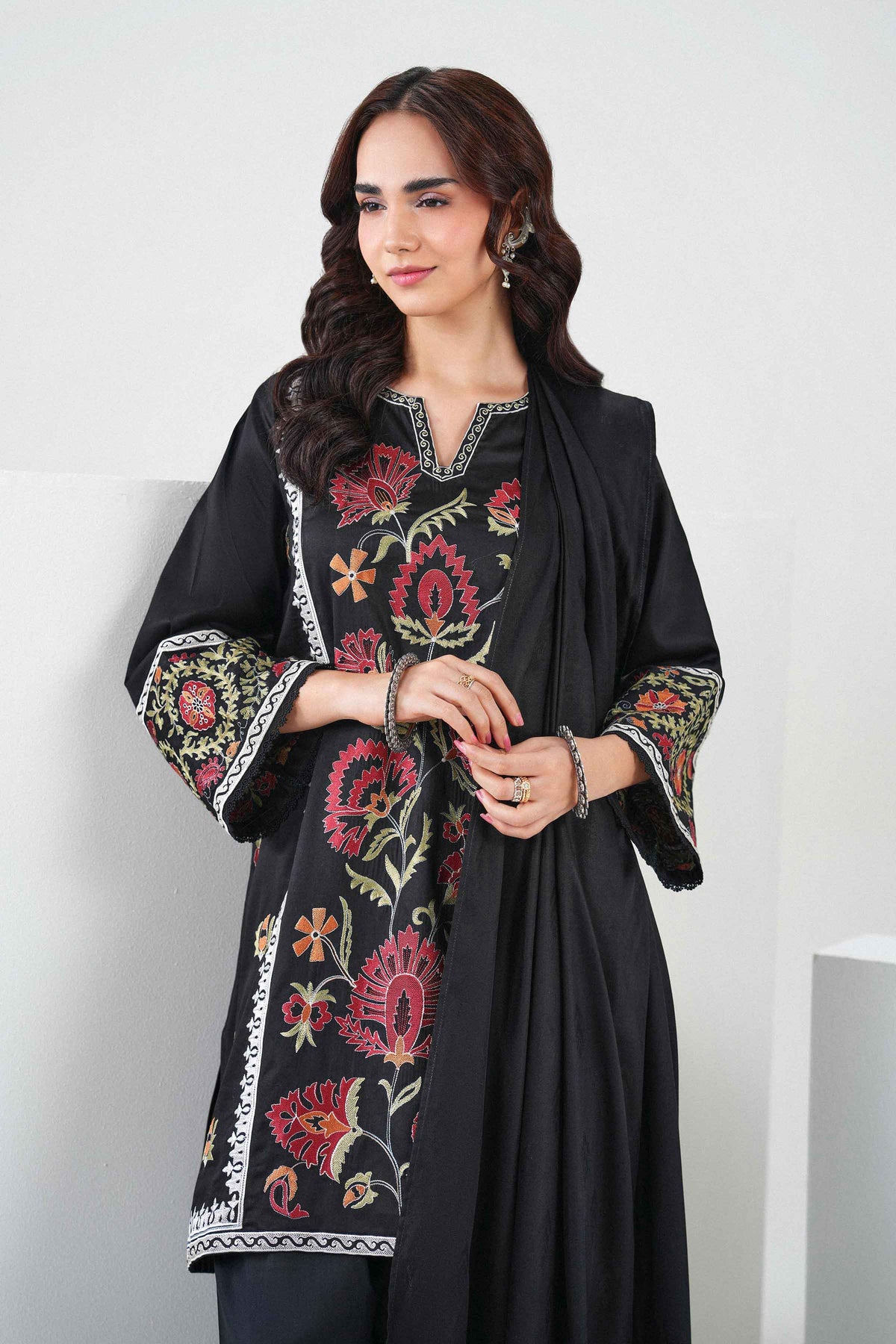 Nishat UK - Black Embroidered Viscose 3 Pieces ready to wear Suit