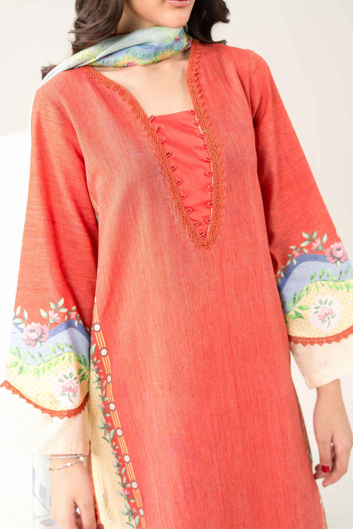Nishat UK - Orange Printed Khaddar 3 Pieces ready to wear Suit