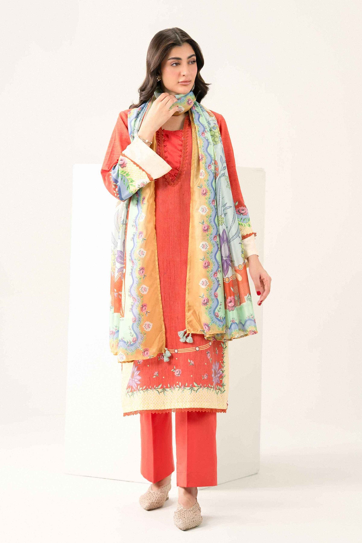 Nishat UK - Orange Printed Khaddar 3 Pieces ready to wear Suit