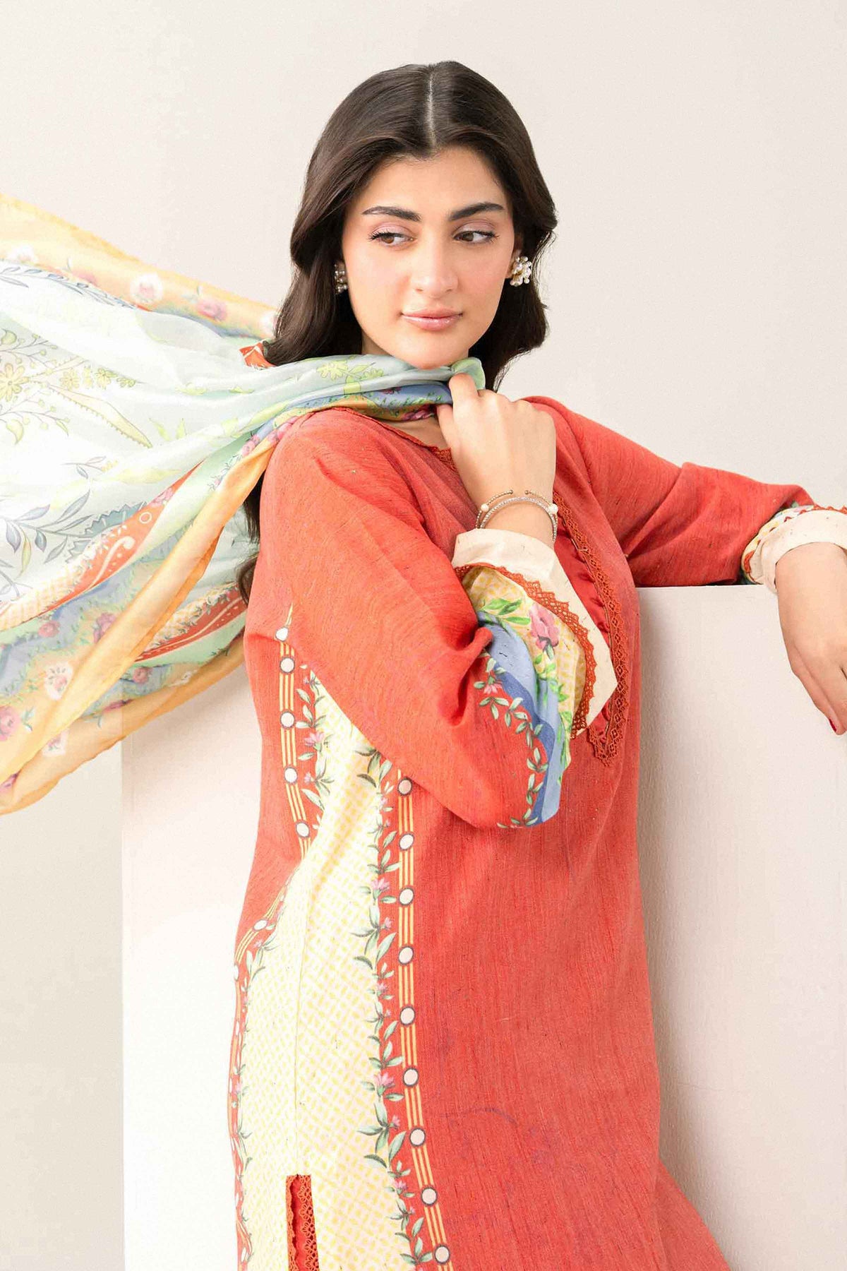 Nishat UK - Orange Printed Khaddar 3 Pieces ready to wear Suit
