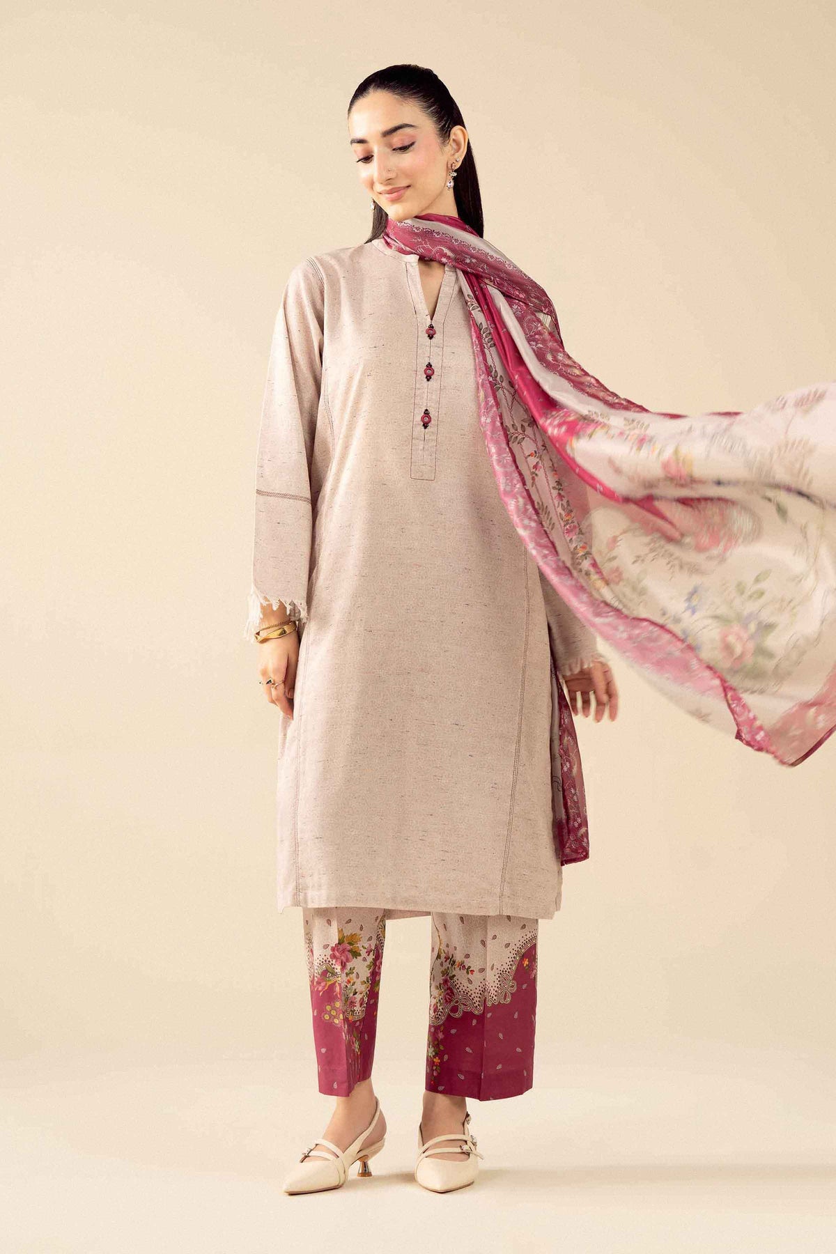 Nishat UK - Beige Printed Khaddar 3 Pieces ready to wear Suit