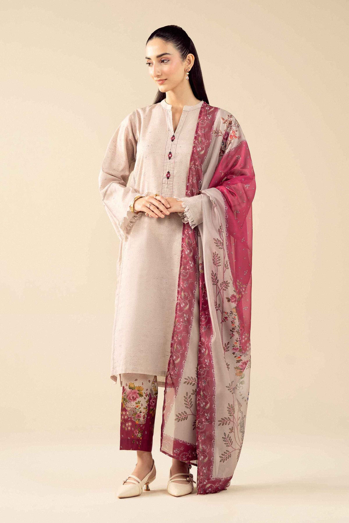 Nishat UK - Beige Printed Khaddar 3 Pieces ready to wear Suit