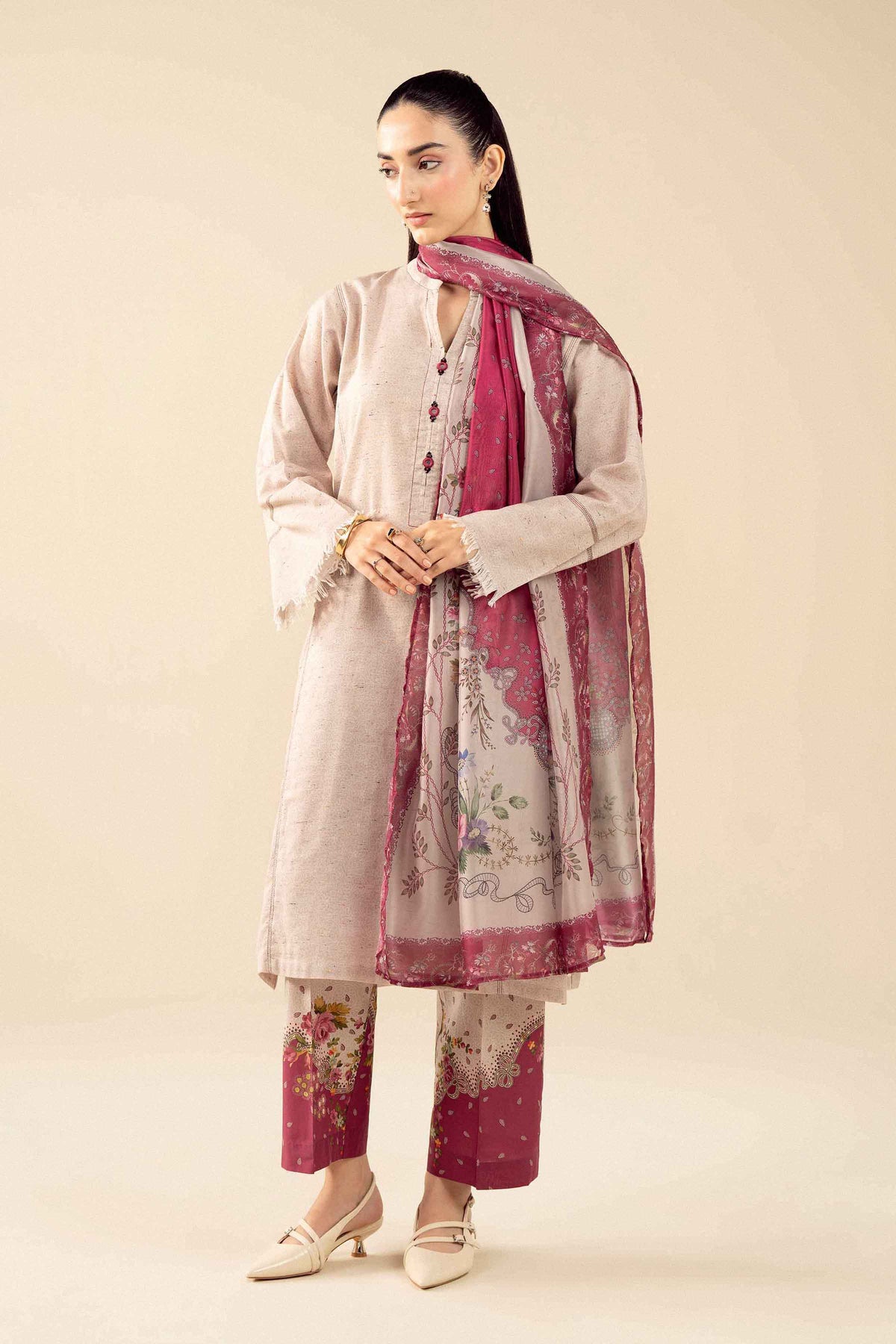 Nishat UK - Beige Printed Khaddar 3 Pieces ready to wear Suit