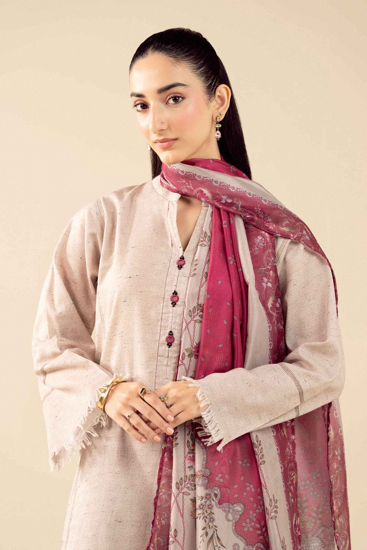 Nishat UK - Beige Printed Khaddar 3 Pieces ready to wear Suit