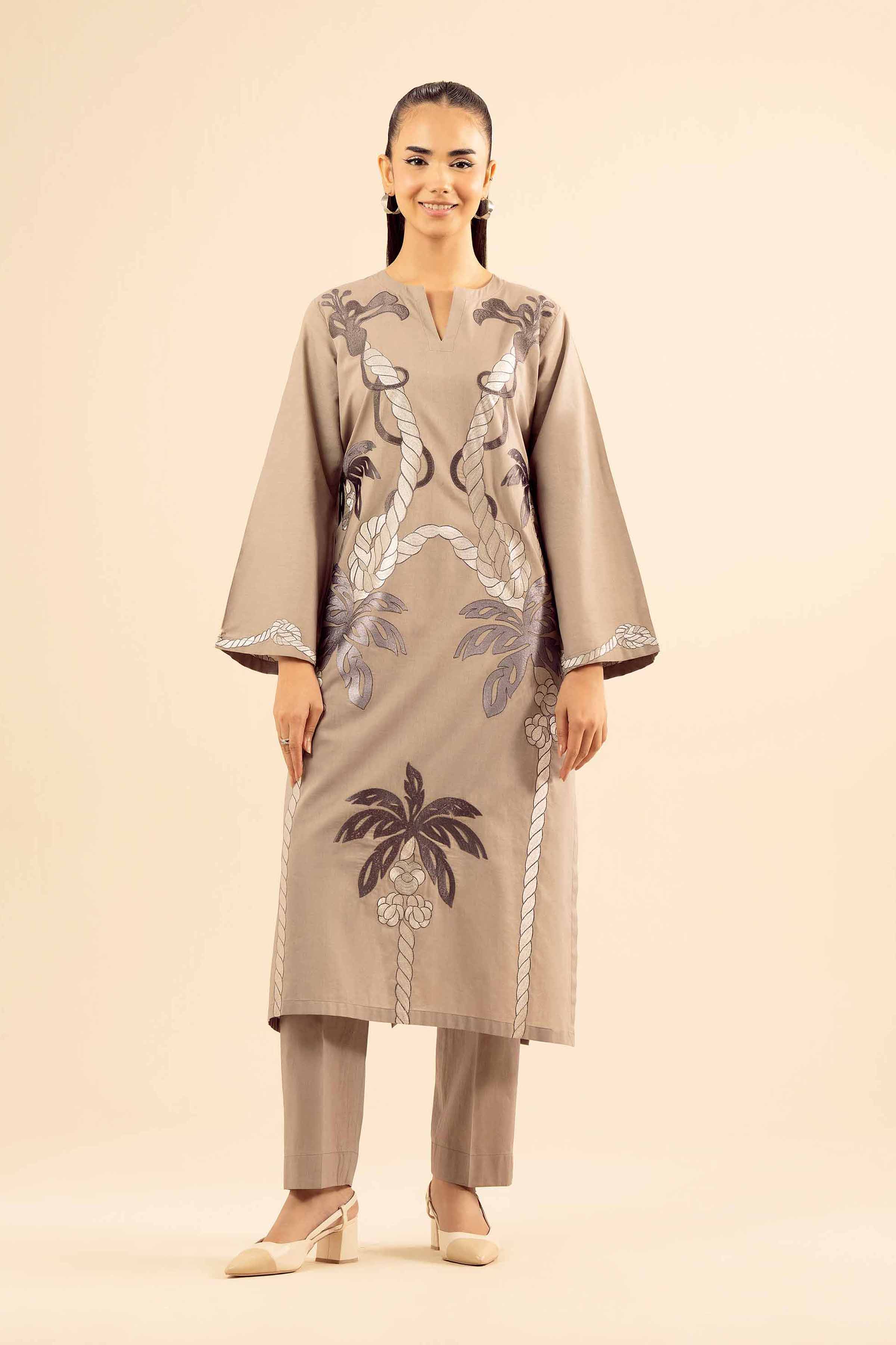 NishatUK - Grey Embroidered Tropical 2-piece ready to wear Dress