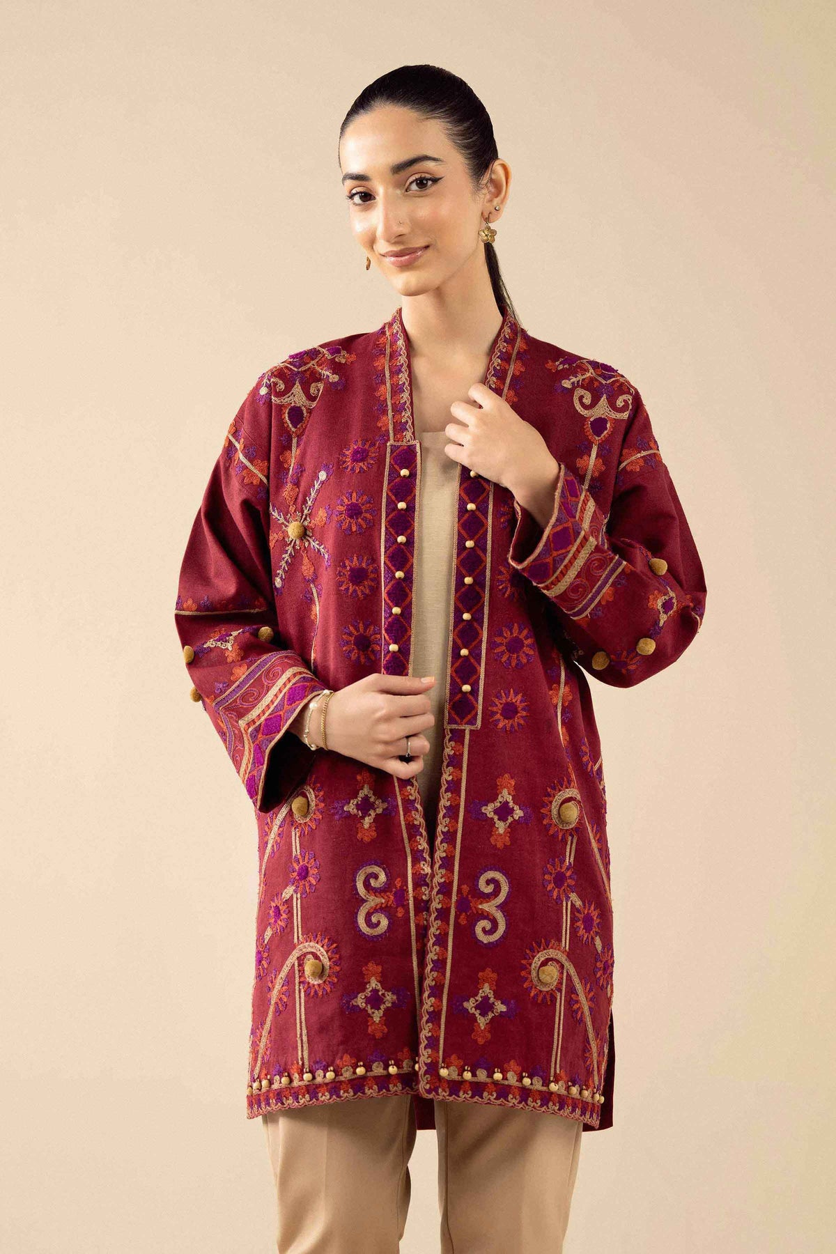 Nishat UK - Red Embroidered Karandi 1 Piece ready to wear jacket