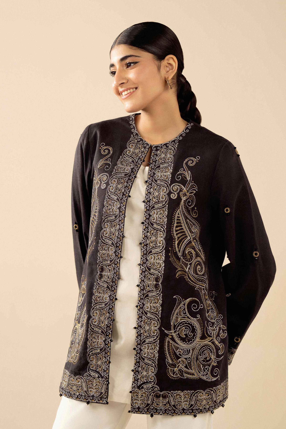 Nishat UK - Black Embroidered Karandi 1 Piece ready to wear jacket