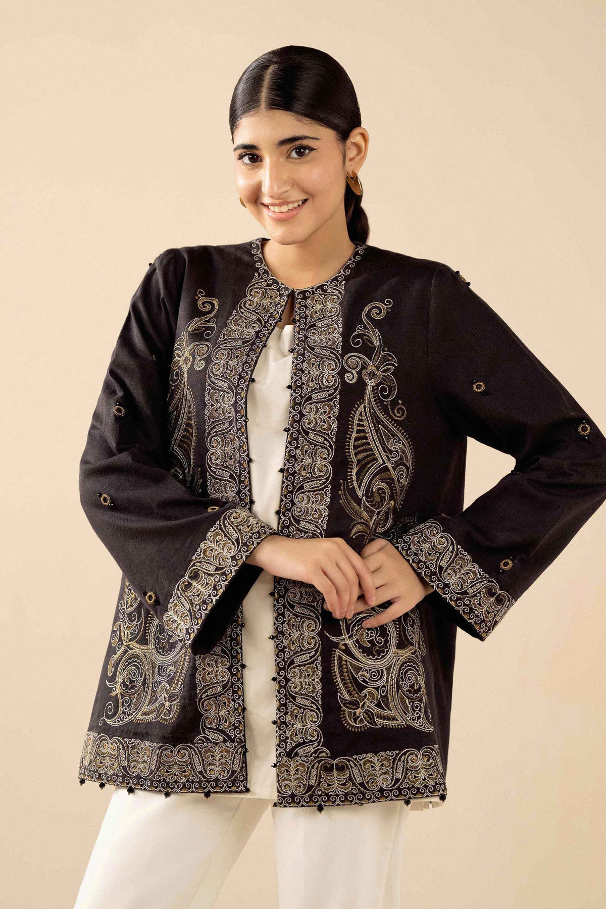 Nishat UK - Black Embroidered Karandi 1 Piece ready to wear jacket