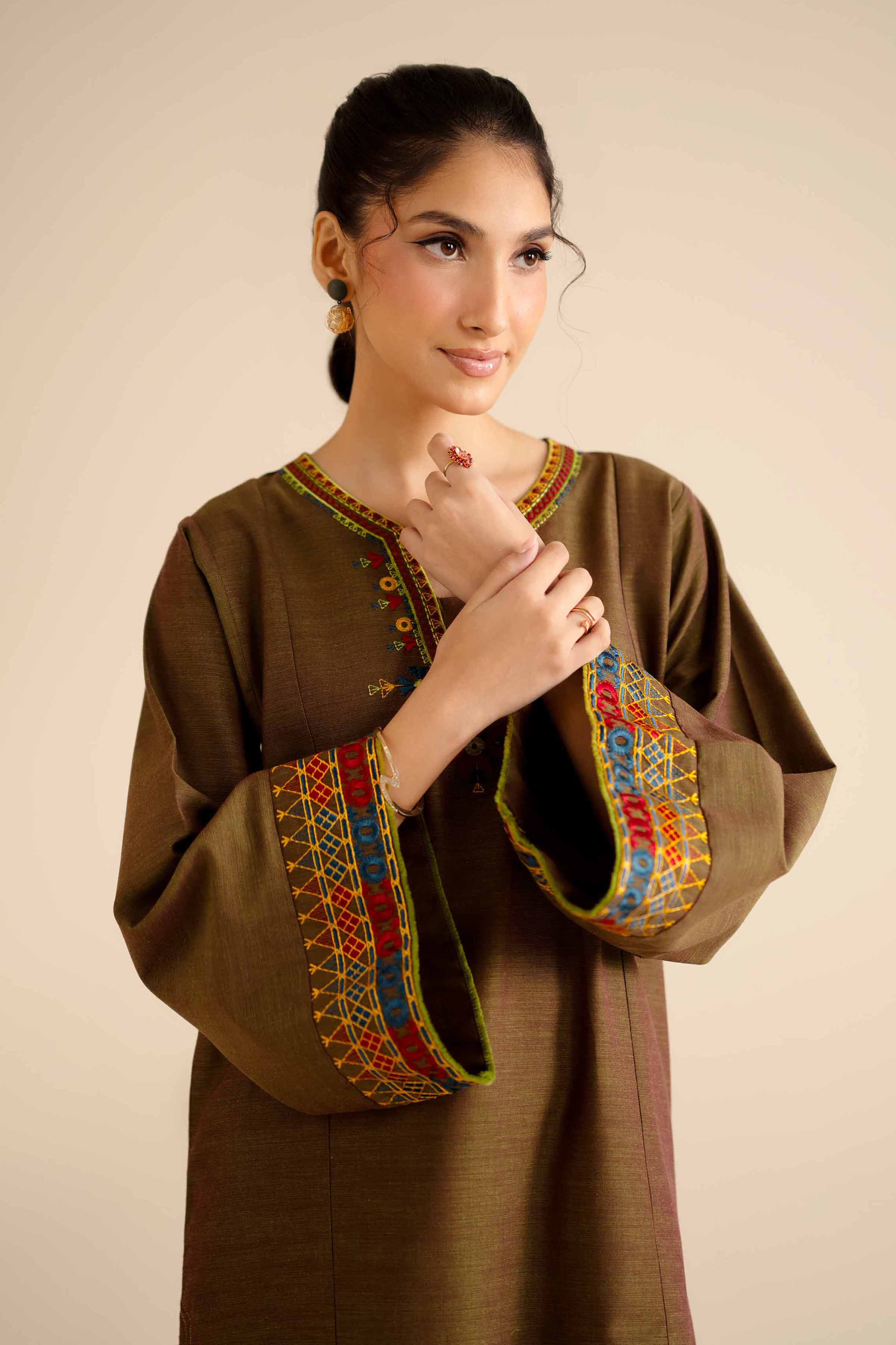NishatUK - Green Embroidered Khaddar 1-piece ready to wear Shirt