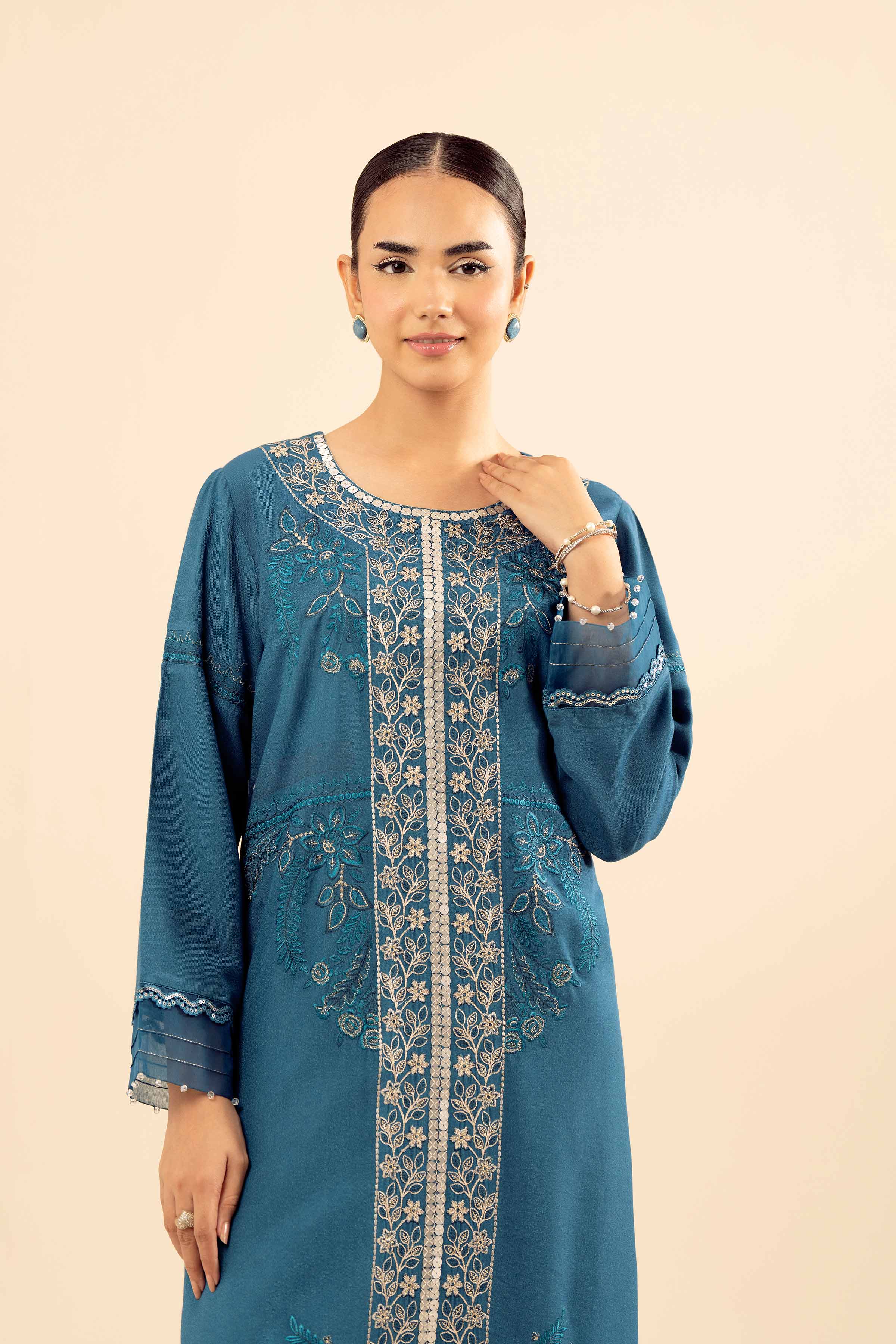 NishatUK - Teal Embroidered Slub 2-piece ready to wear Dress
