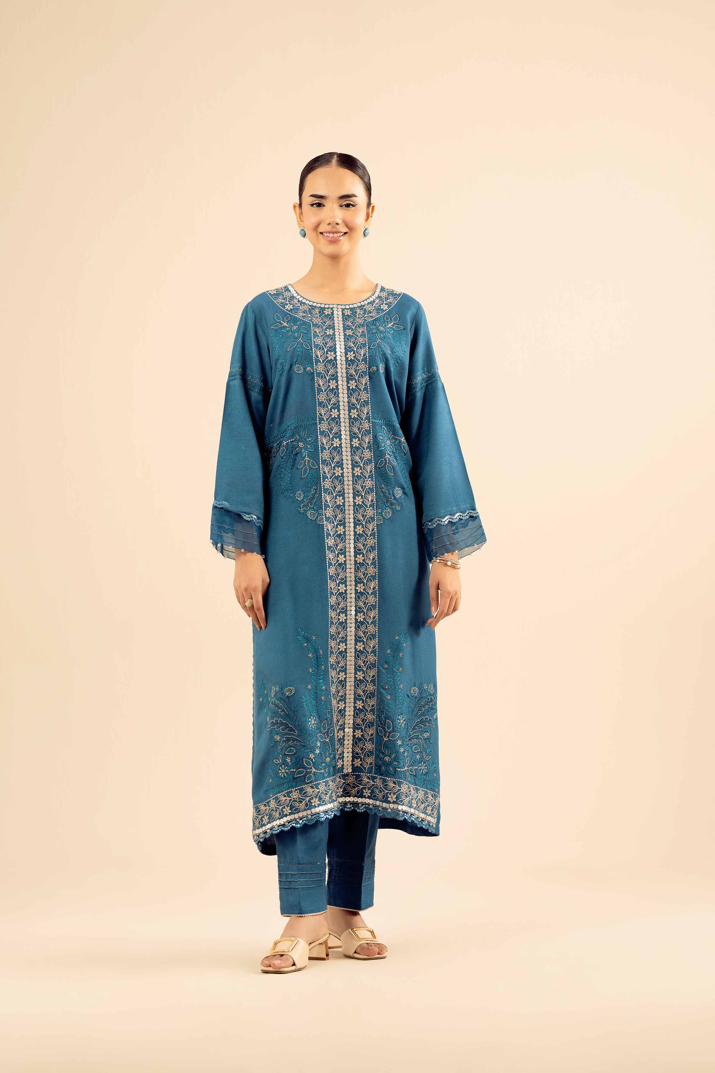 NishatUK - Teal Embroidered Slub 2-piece ready to wear Dress