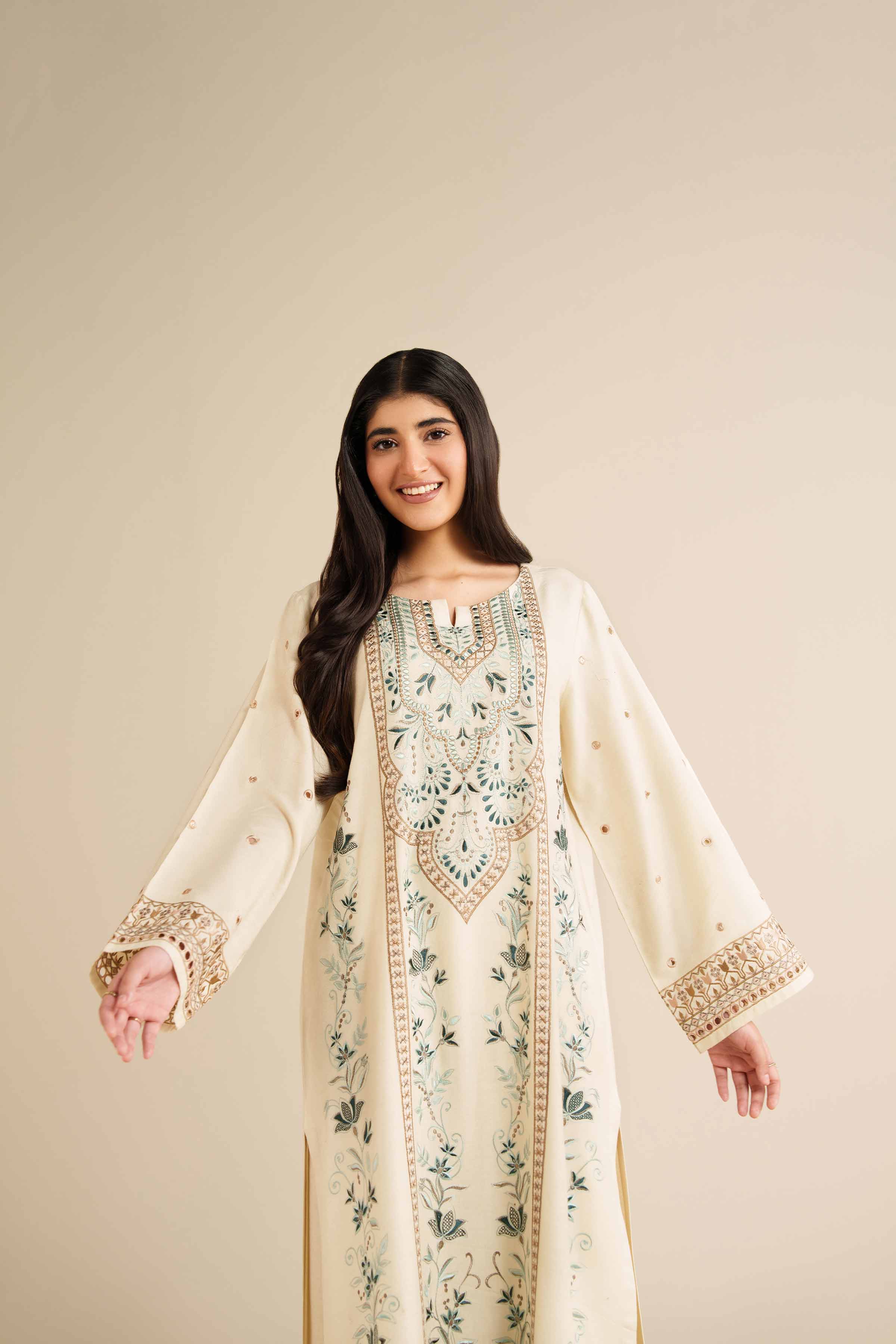 NishatUK - Off White Embroidered Glitter Slub 2-piece ready to wear Dress