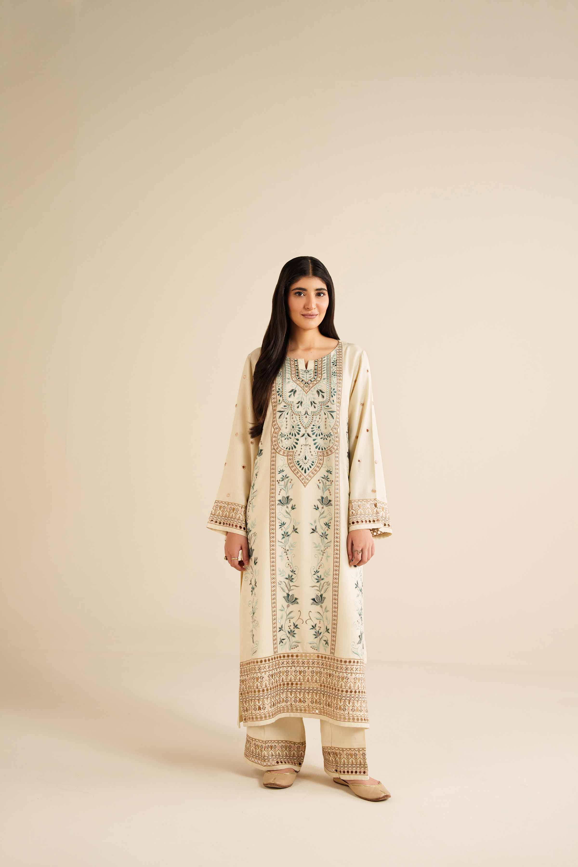NishatUK - Off White Embroidered Glitter Slub 2-piece ready to wear Dress