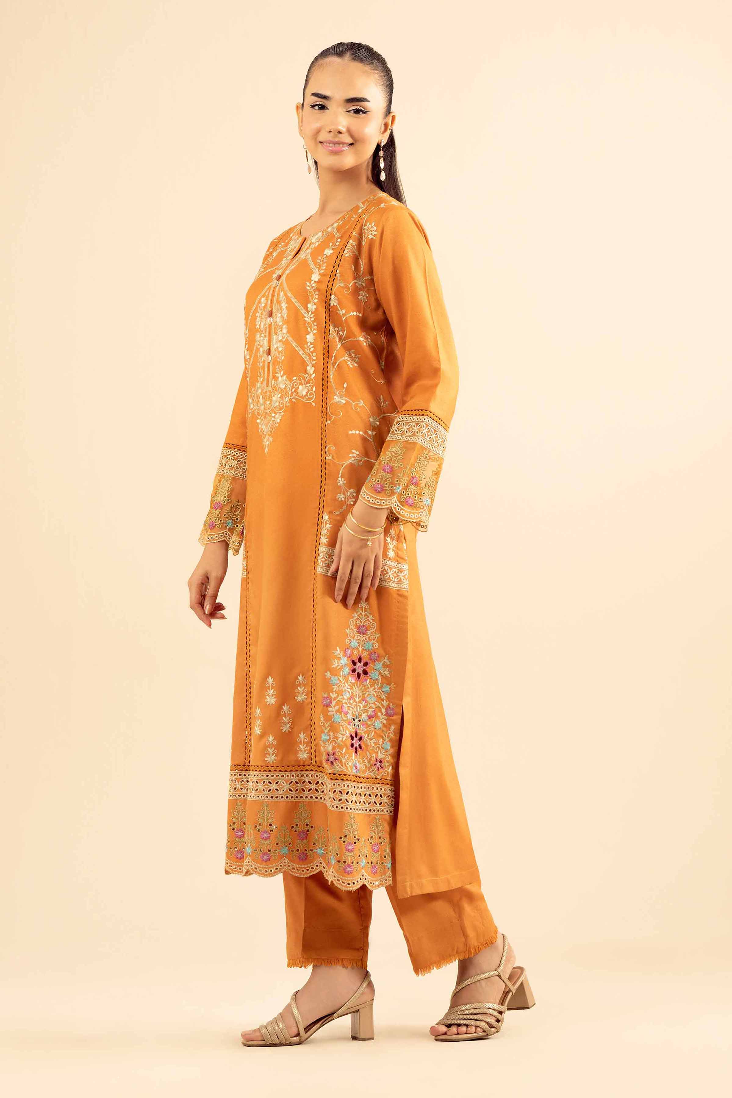 NishatUK - Mustard Embroidered Slub 2-piece ready to wear Dress