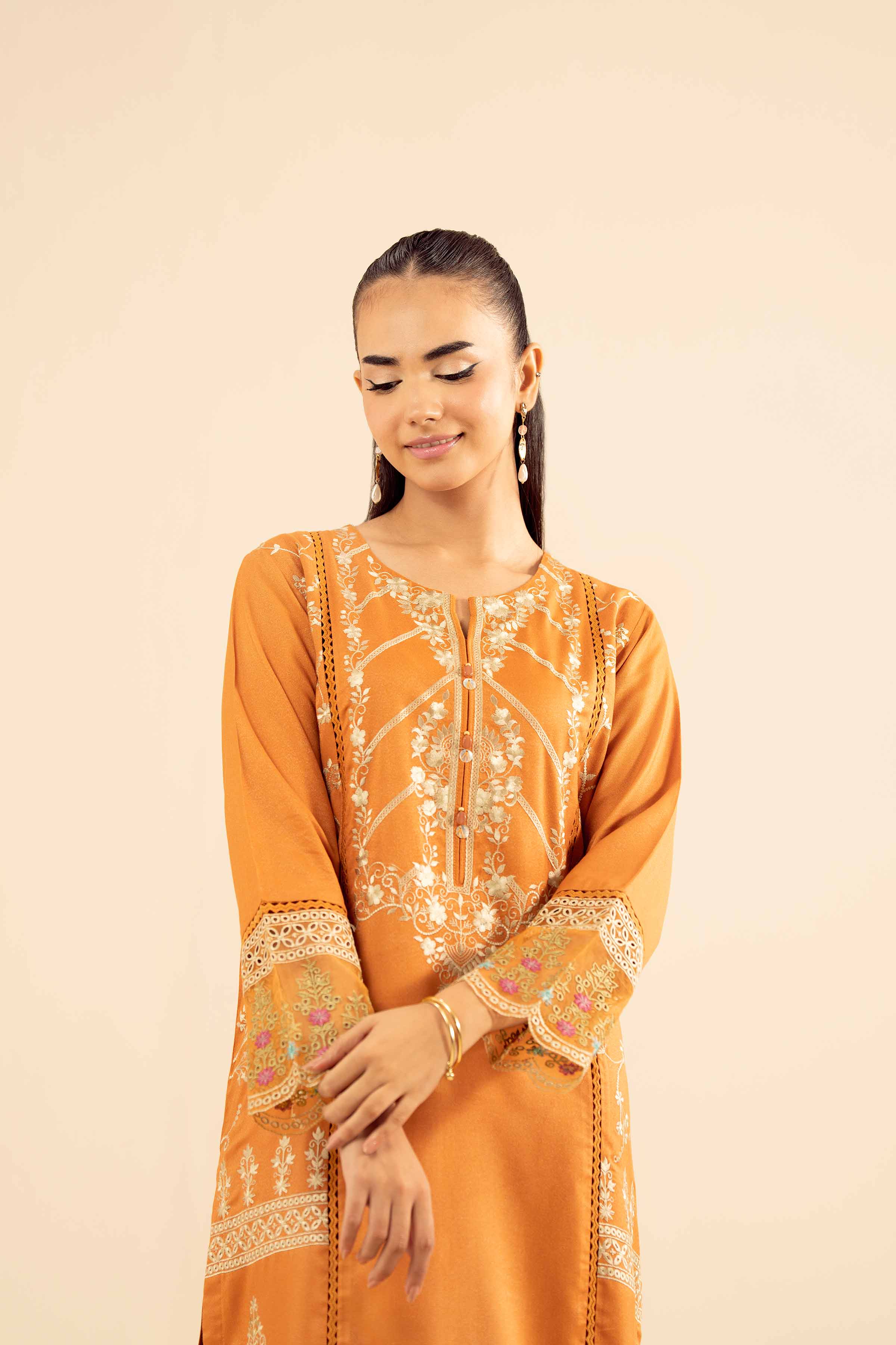 NishatUK - Mustard Embroidered Slub 2-piece ready to wear Dress
