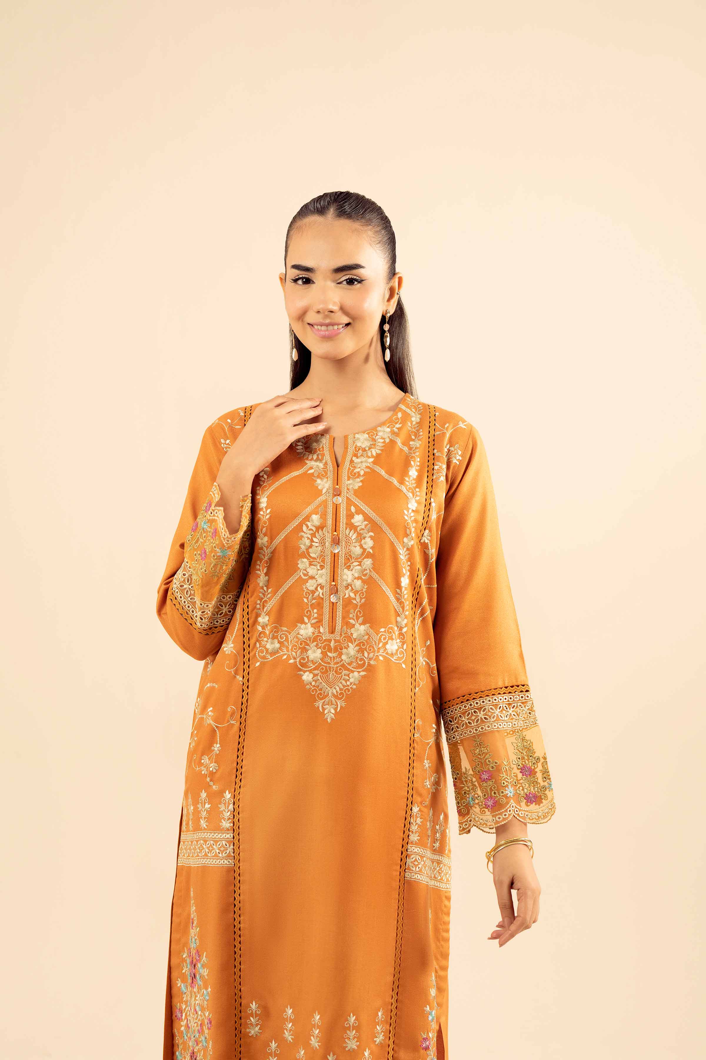 NishatUK - Mustard Embroidered Slub 2-piece ready to wear Dress
