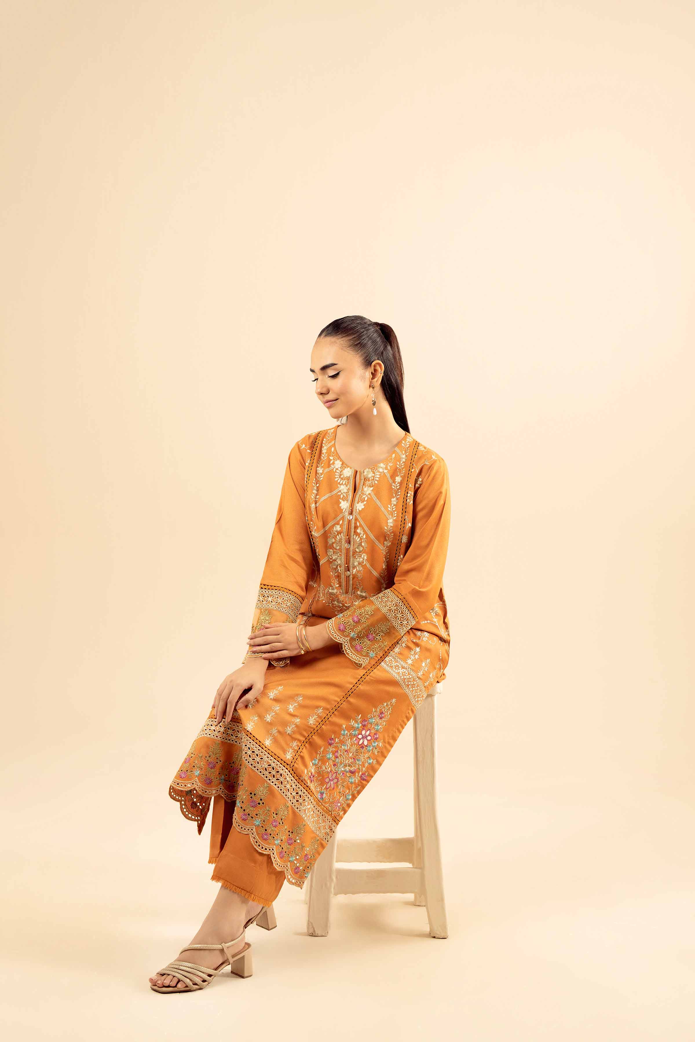 NishatUK - Mustard Embroidered Slub 2-piece ready to wear Dress