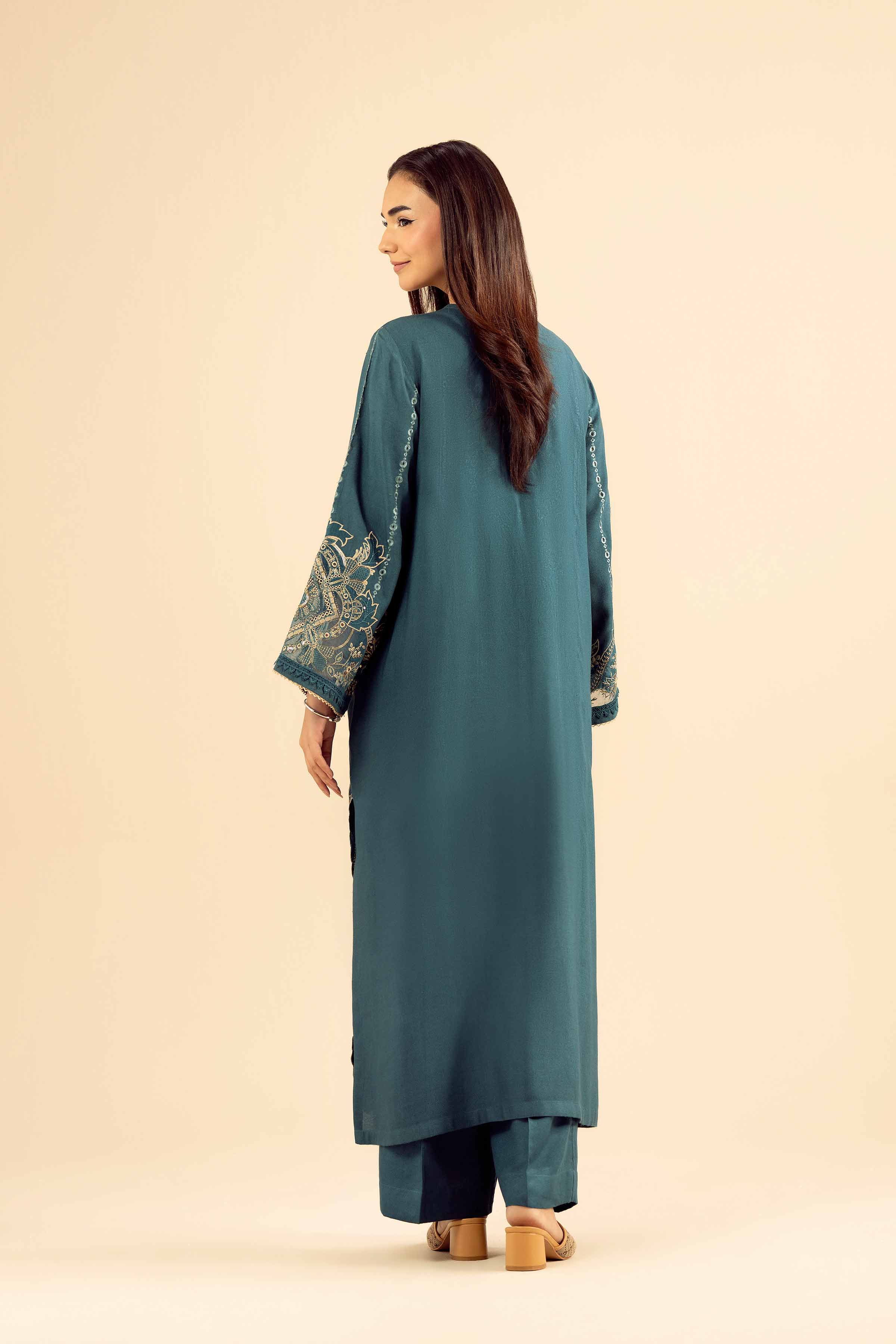 NishatUK - Teal Embroidered Slub 2-piece ready to wear Dress