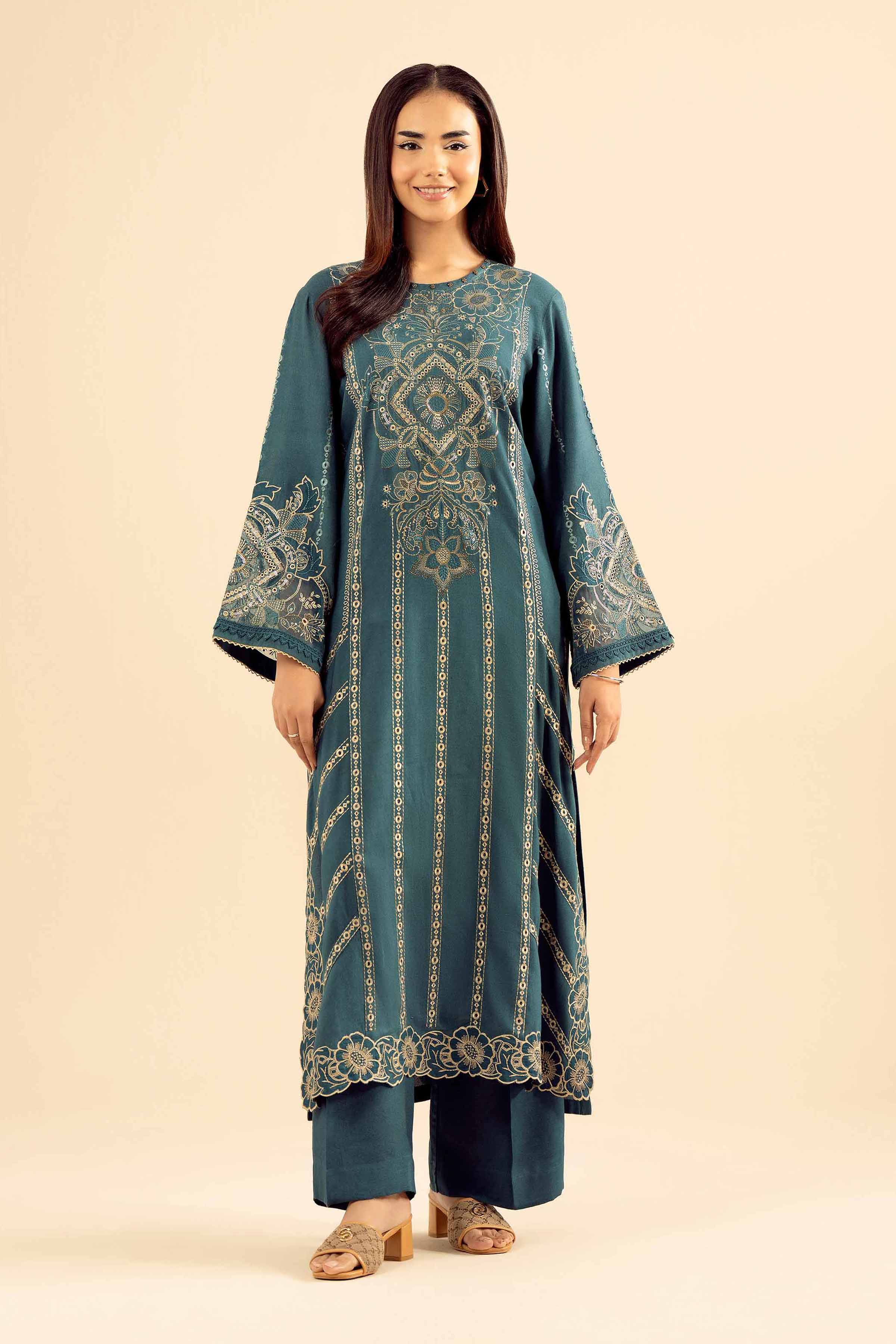 NishatUK - Teal Embroidered Slub 2-piece ready to wear Dress