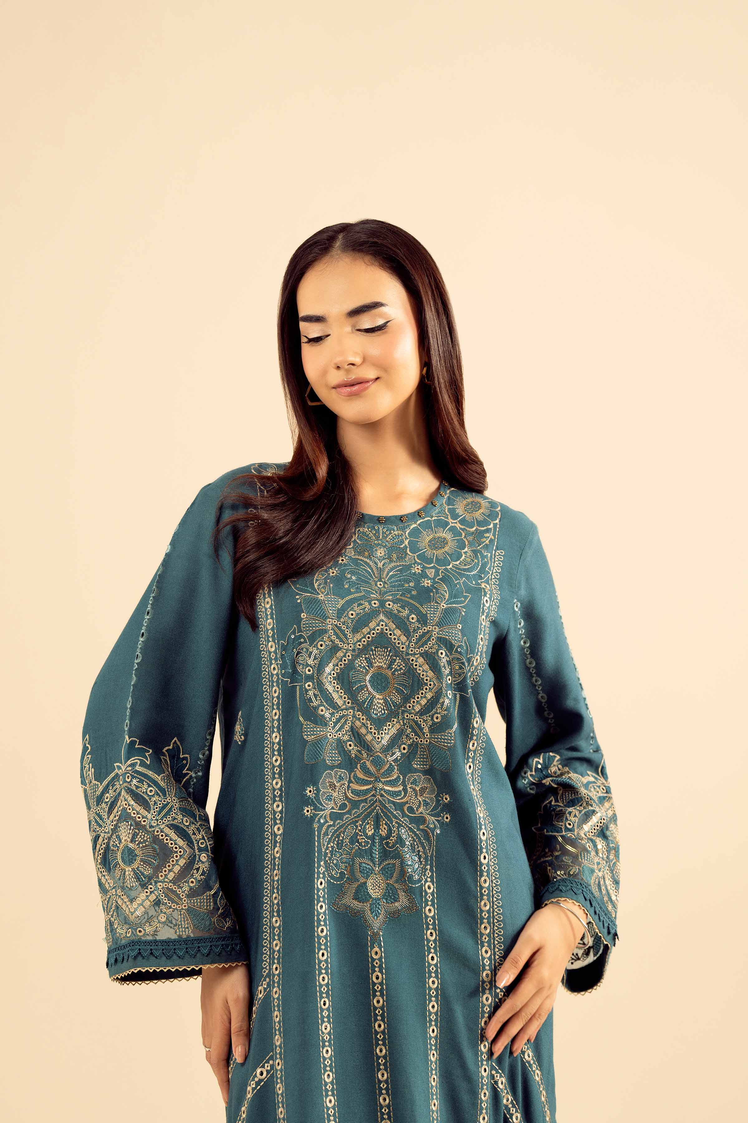 NishatUK - Teal Embroidered Slub 2-piece ready to wear Dress