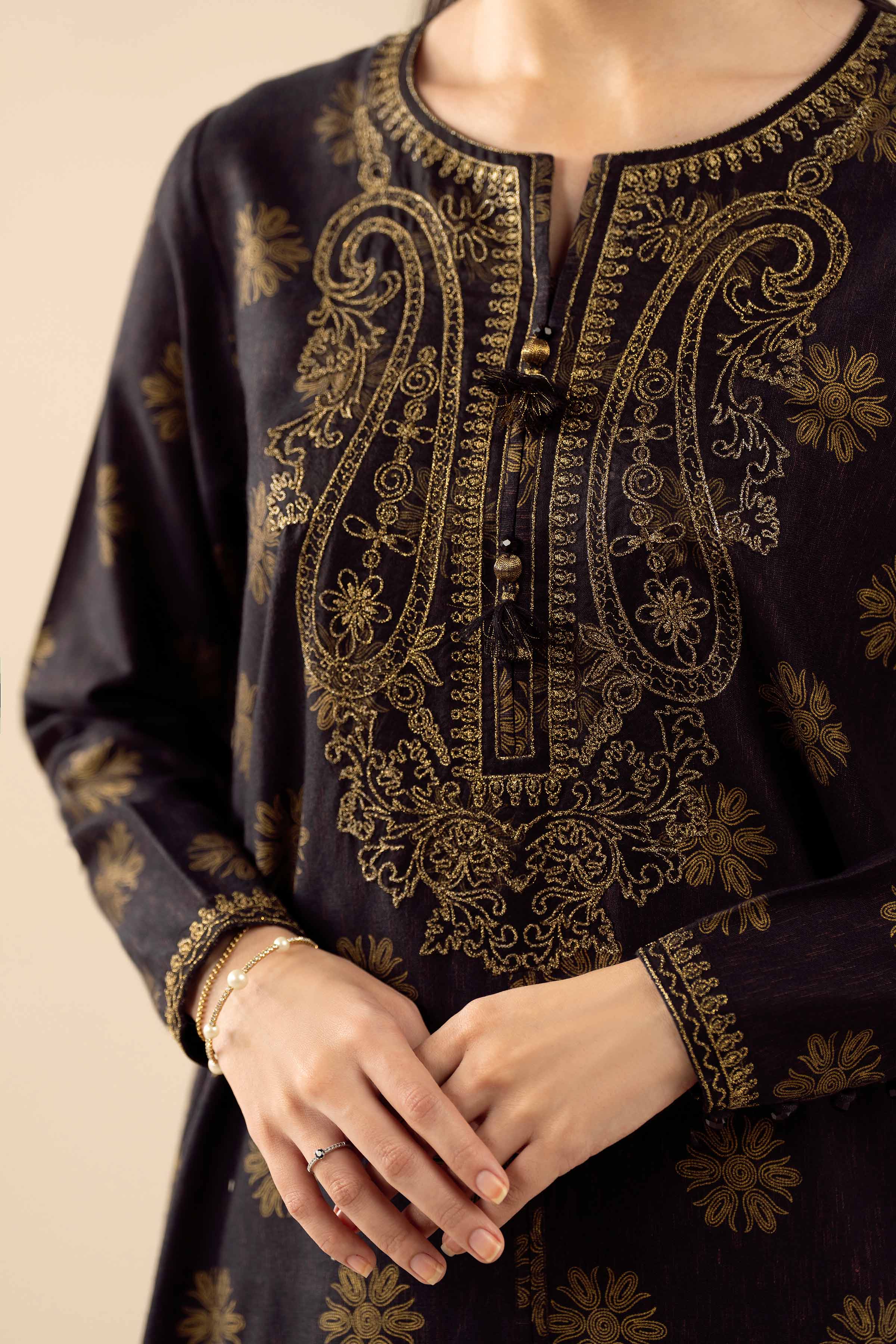 NishatUK - Black Embroidered Karandi 1-piece ready to wear Shirt