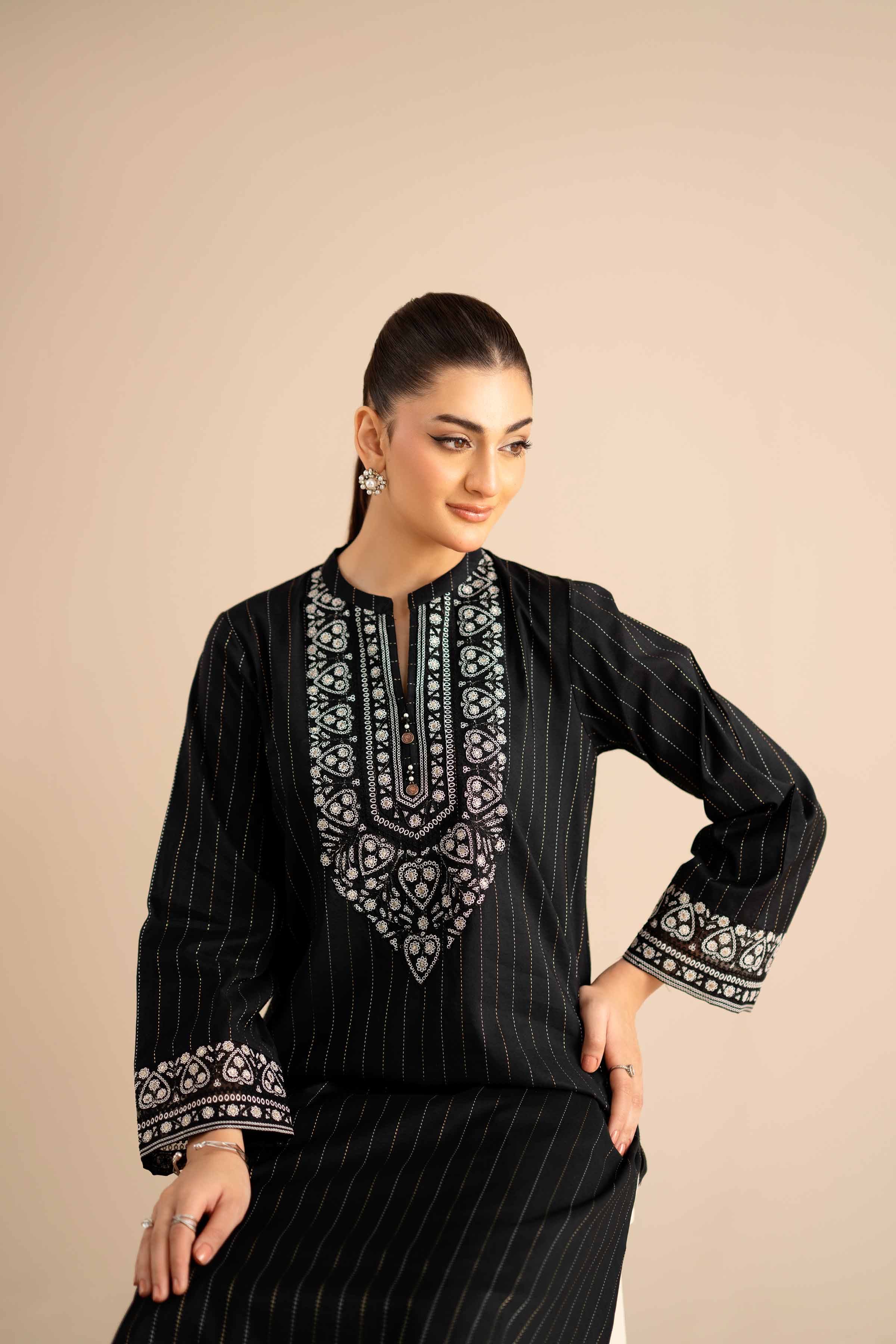 NishatUK - Black Embroidered Silk 1-piece ready to wear Shirt